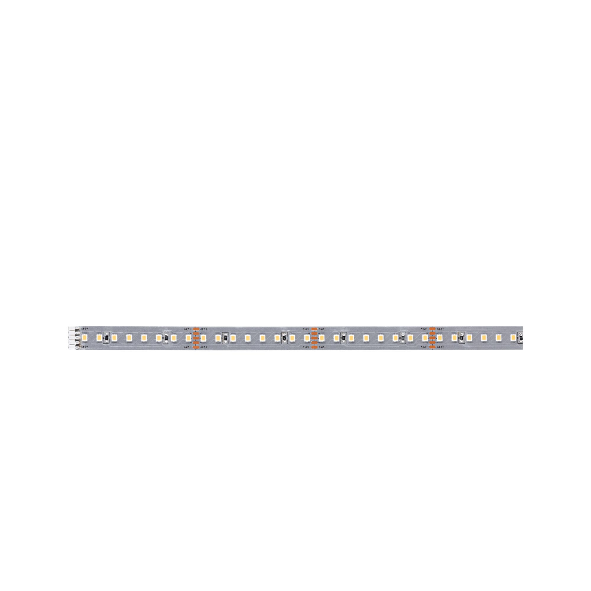 Eine lange, schmale LED-Leiste mit weißen LEDs und silbernen Anschlüssen.