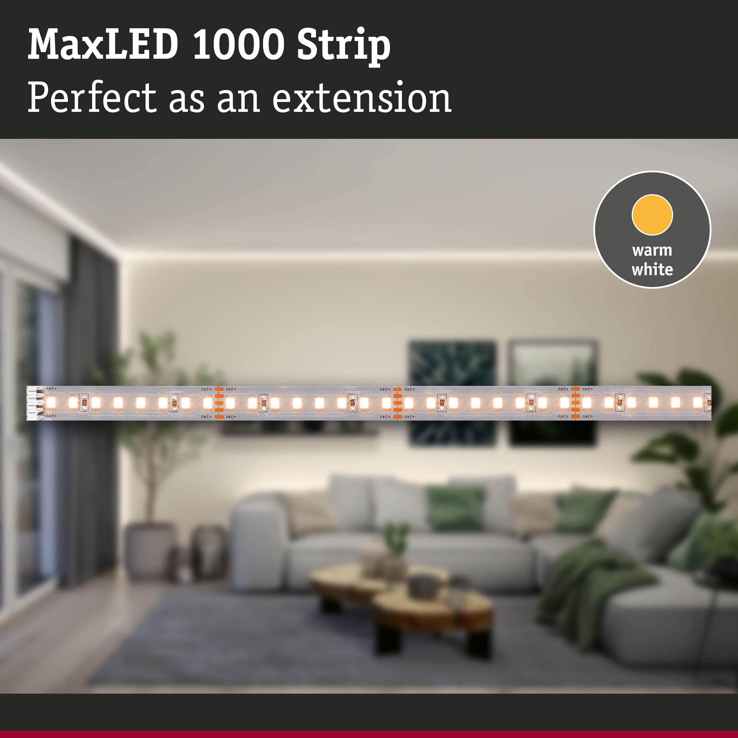 Ein warmweißer LED-Streifen von MaxLED 1000, montiert an einer Decke über einem Wohnzimmer.