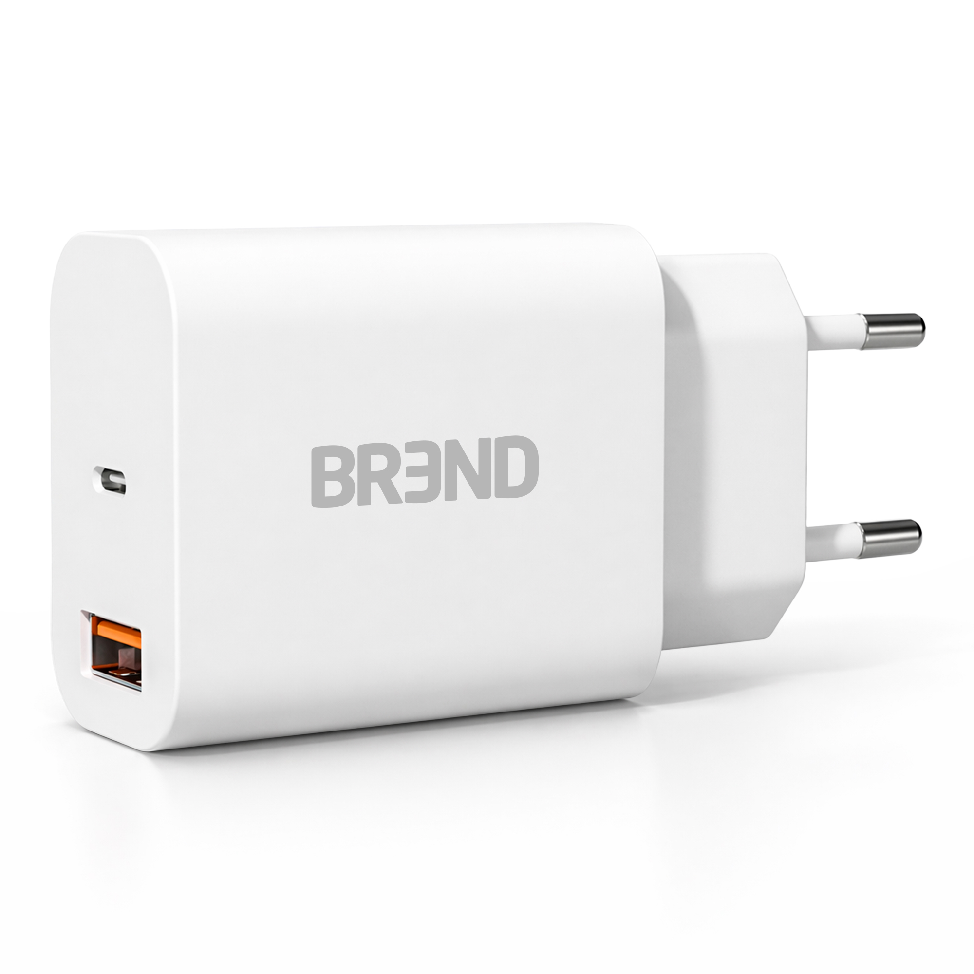 Un adaptateur de charge blanc avec deux broches et un port USB-C.