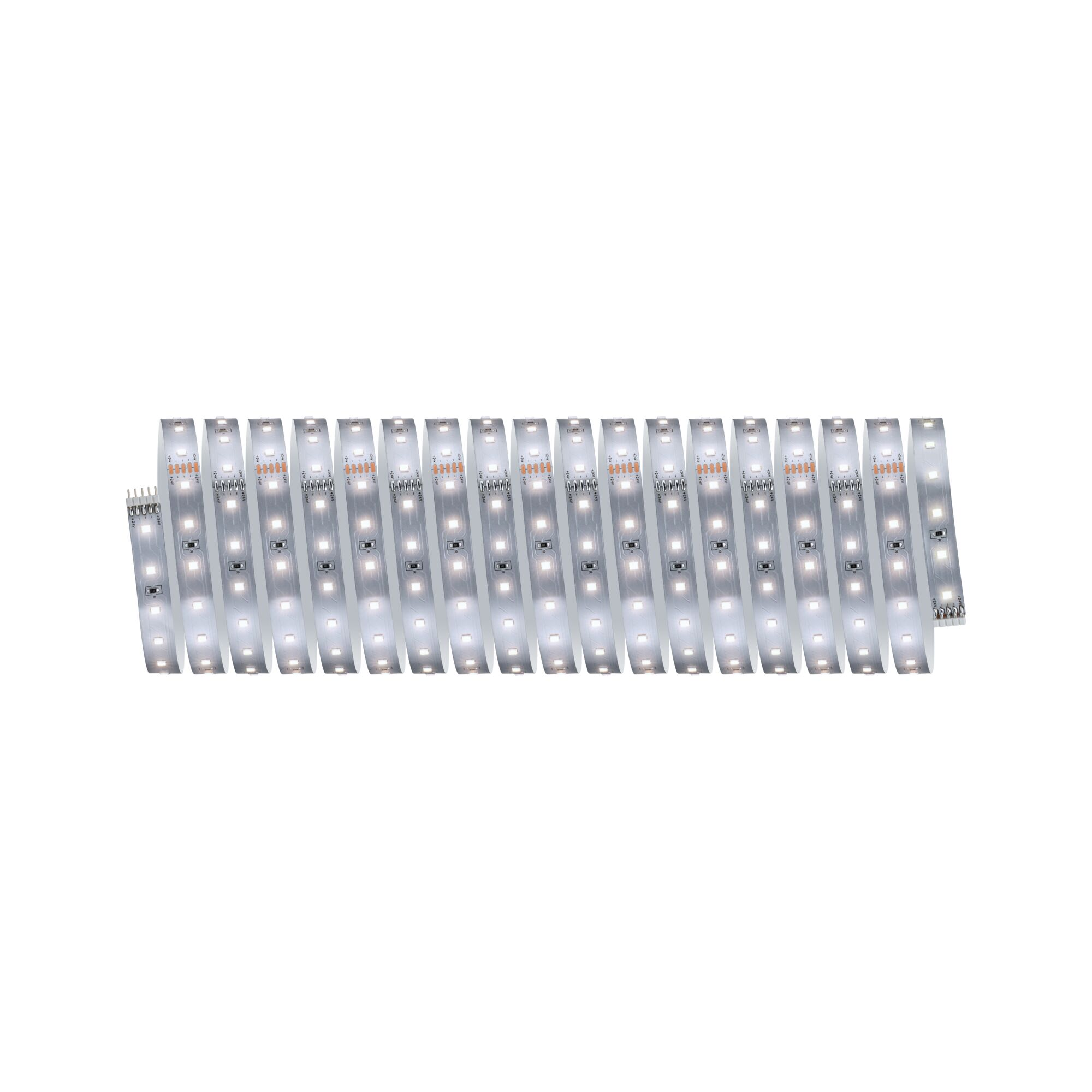 Ein weißes LED-Streifenband mit sichtbaren LEDs und Anschlusskabel.