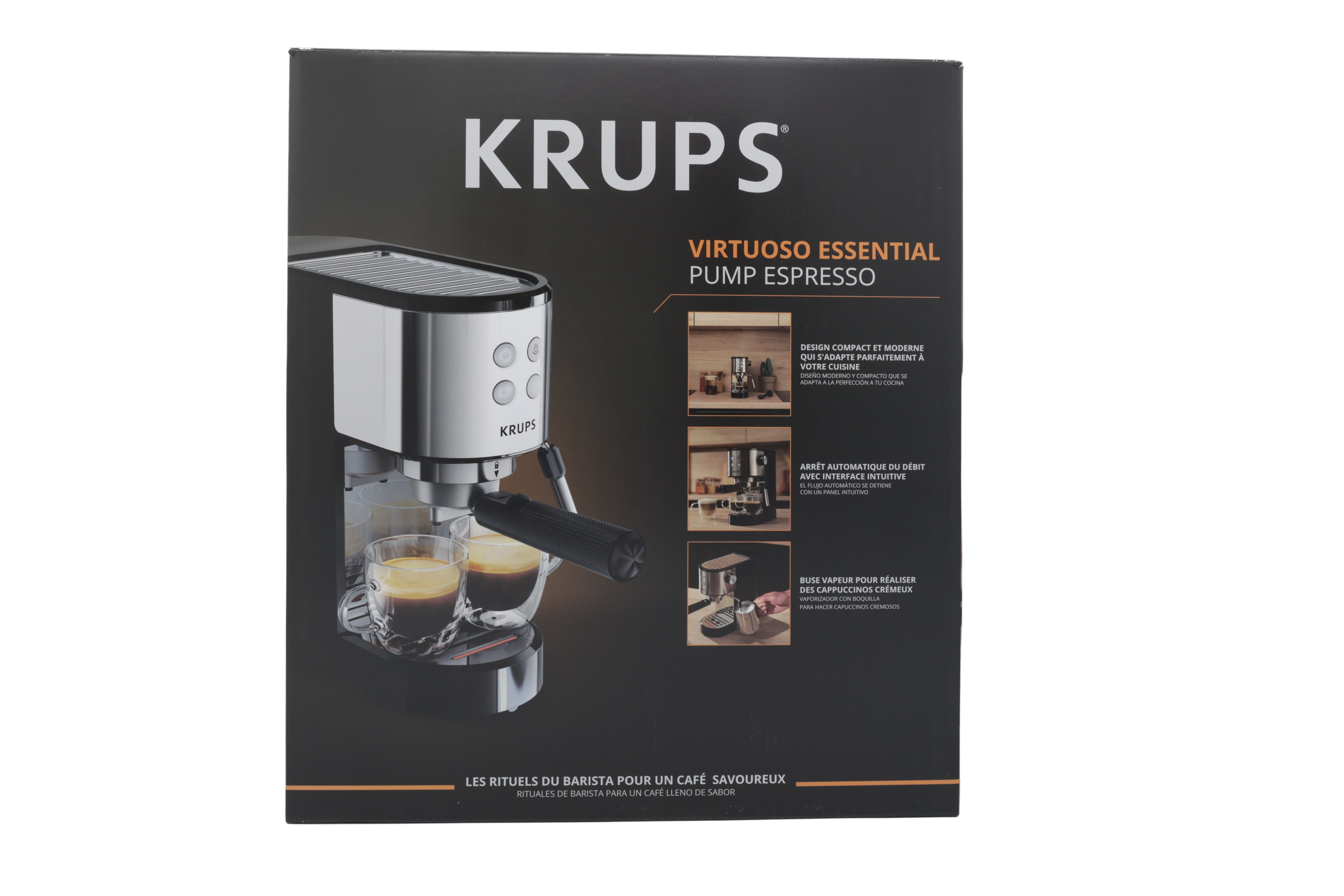 Krups Espresso Maschine mit zwei Tassen auf dem Karton