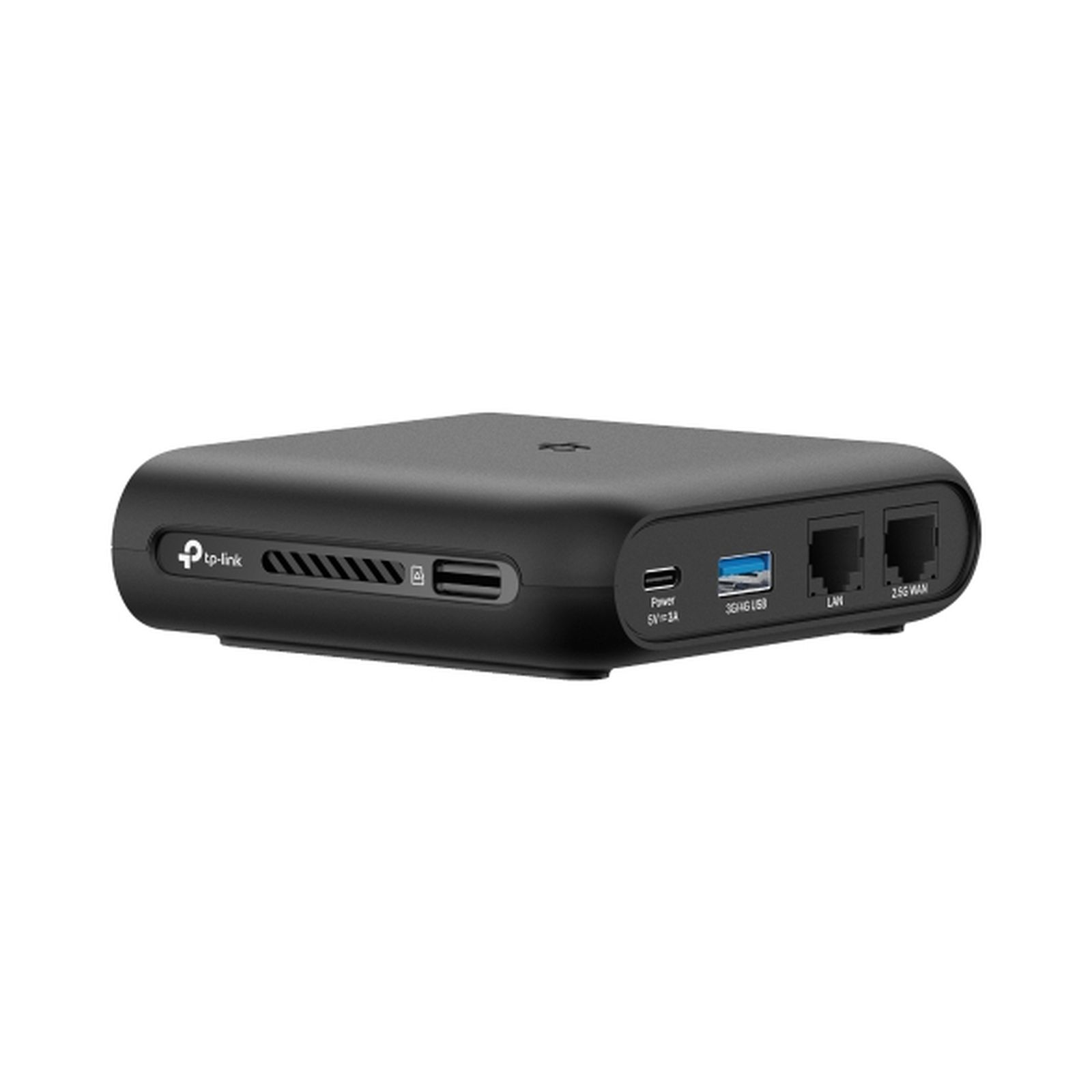 Zwarte TP-Link router met stroom-, USB-, LAN- en WAN-poorten aan de achterkant.