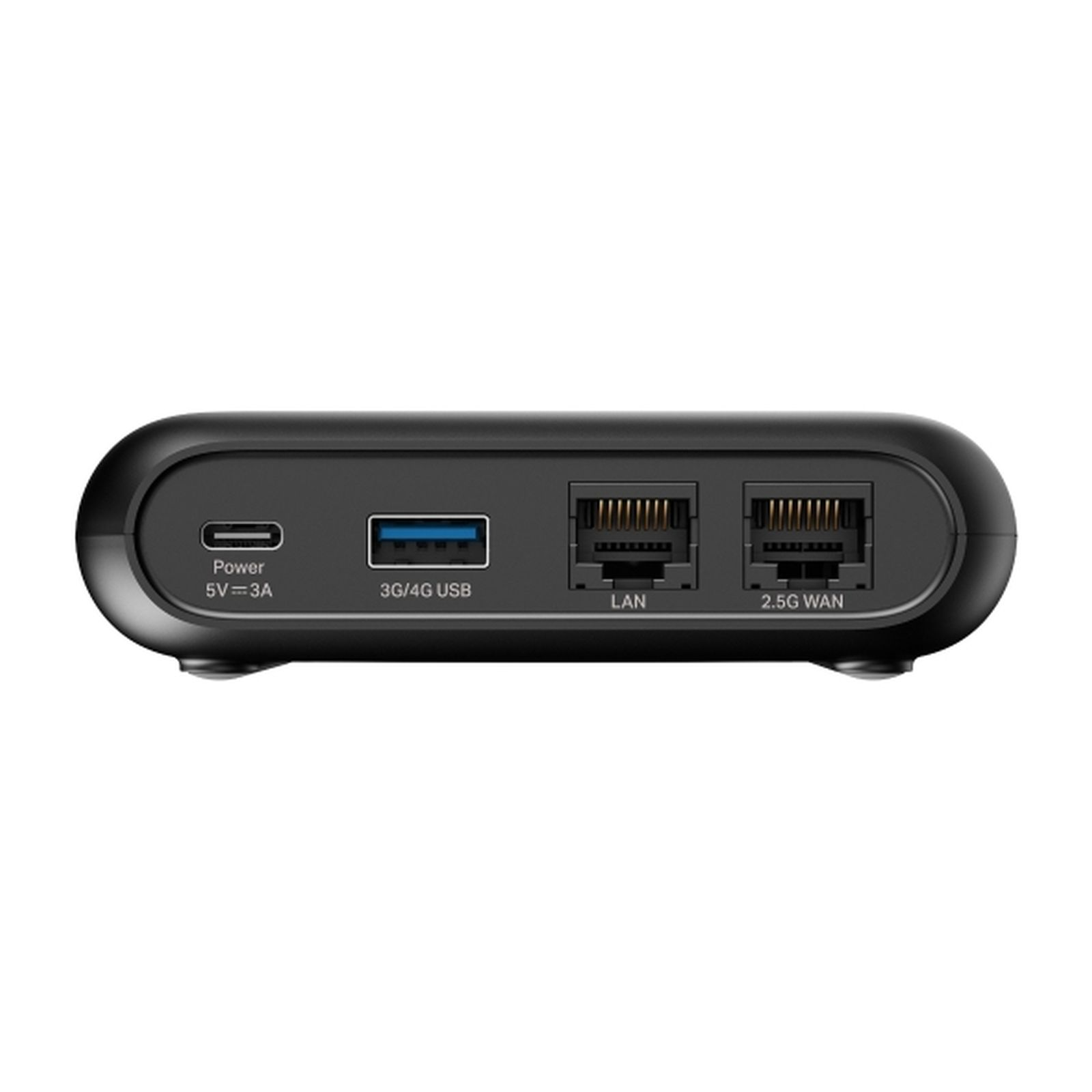 Zwart apparaat met poorten: Stroom, USB en twee Ethernet-poorten.