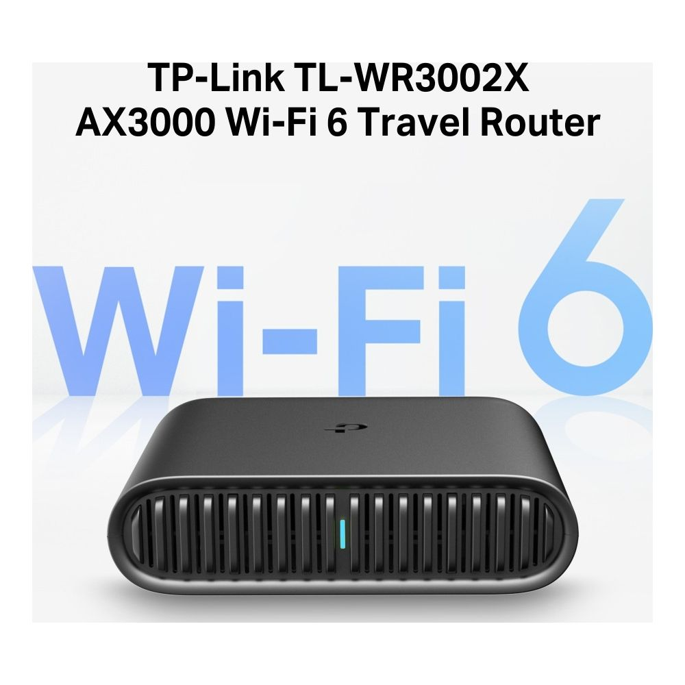 Een zwarte TP-Link TL-WR3002X AX3000 Wi-Fi 6 reisrouter met blauwe Wi-Fi 6 tekst.