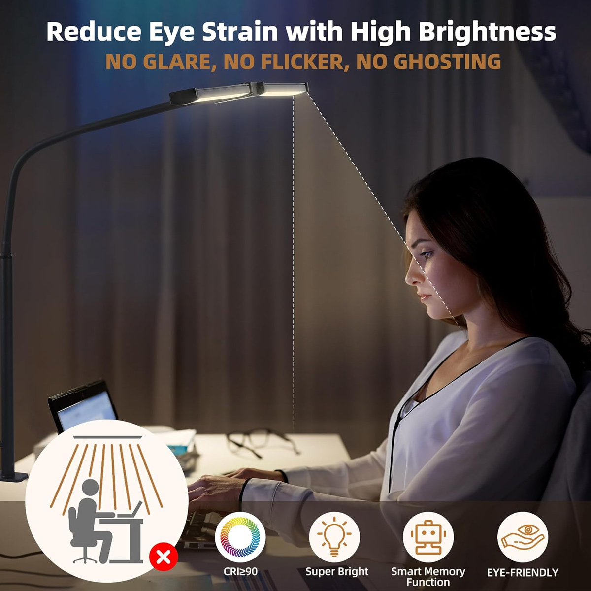 Frau arbeitet am Laptop, beleuchtet von einer Schreibtischlampe. Icons zeigen CRI≥90, Super Bright, Smart Memory, Eye-Friendly.
