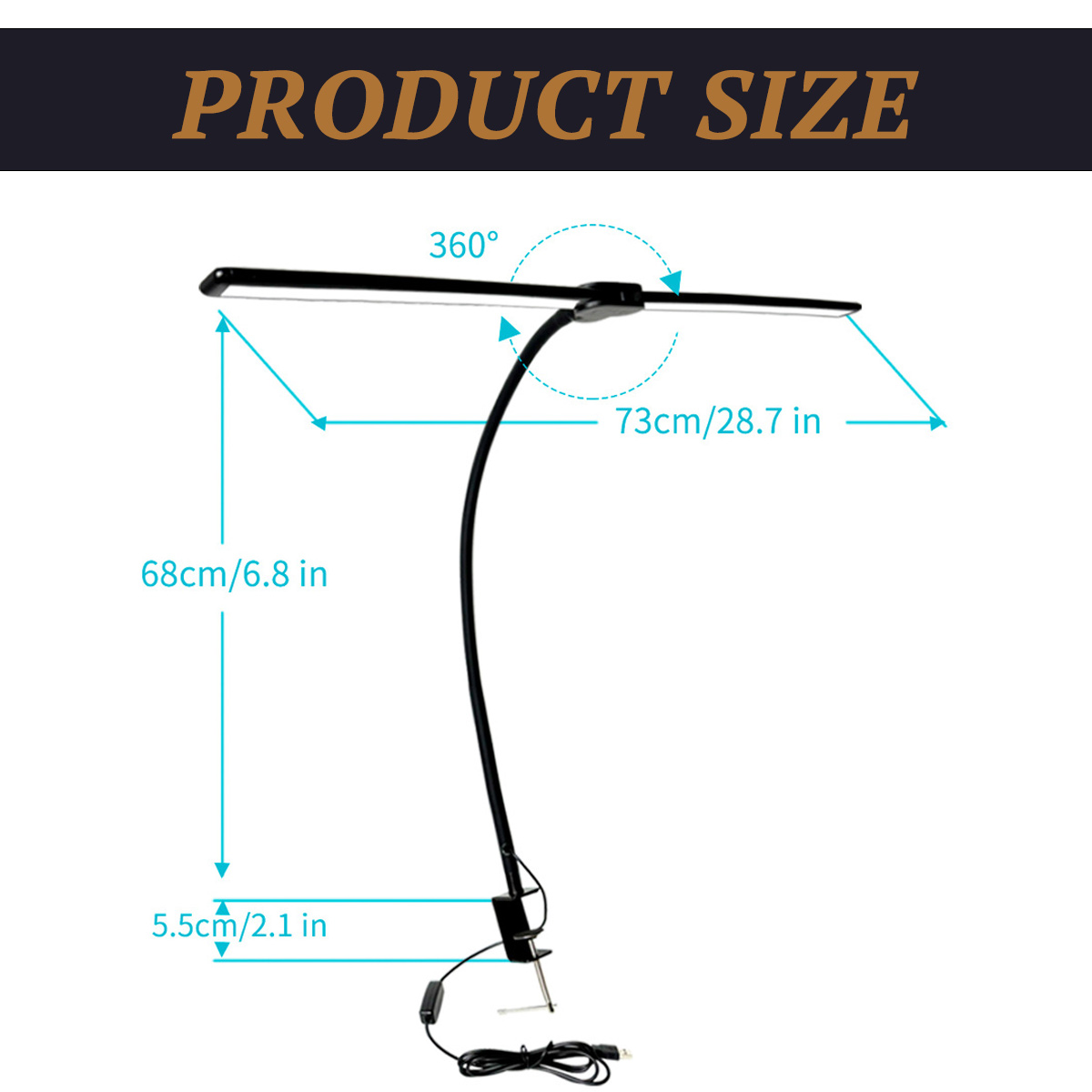 Schwarze, verstellbare LED-Schreibtischlampe mit Maßen 68cm, 73cm, 5.5cm.
