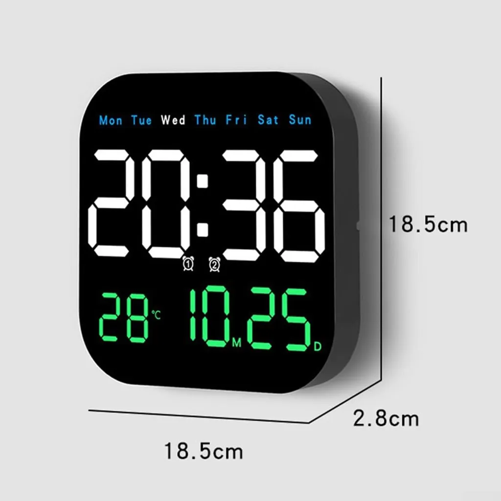 Digitaluhr zeigt 20:36, 28°C, 10.25, Mo-So. Maße 18.5x18.5x2.8cm.