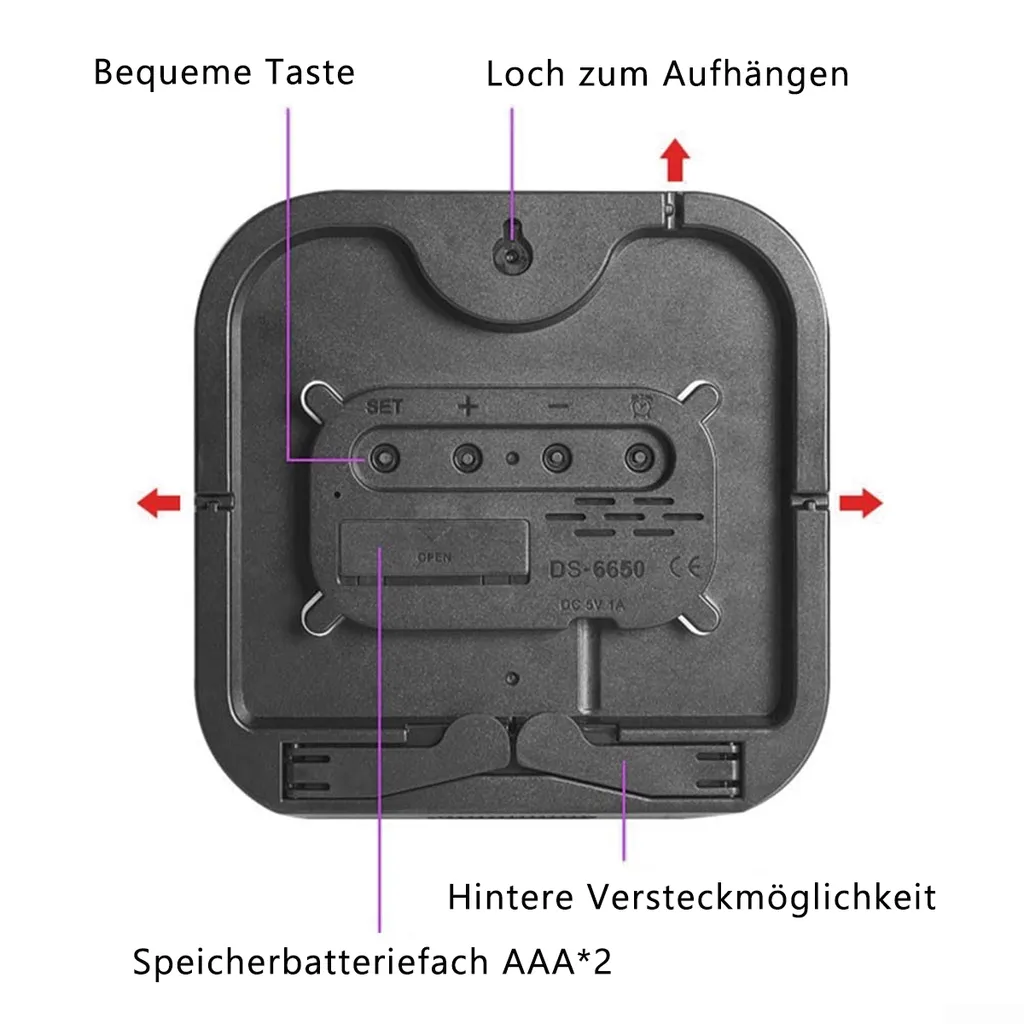 Rückseite eines schwarzen Geräts mit Tasten, Batteriefach und Aufhängeloch.