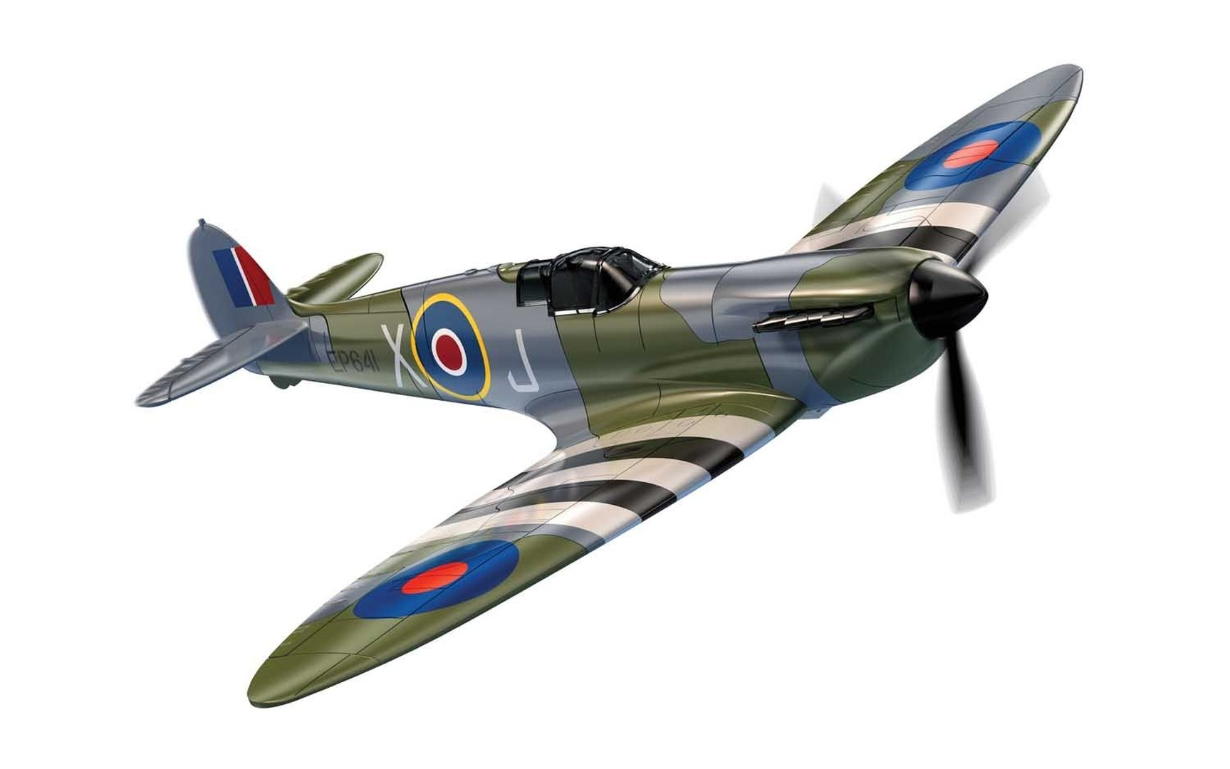 Zielono-szary samolot Spitfire z okrągłymi oznaczeniami i czarnymi paskami na skrzydłach.