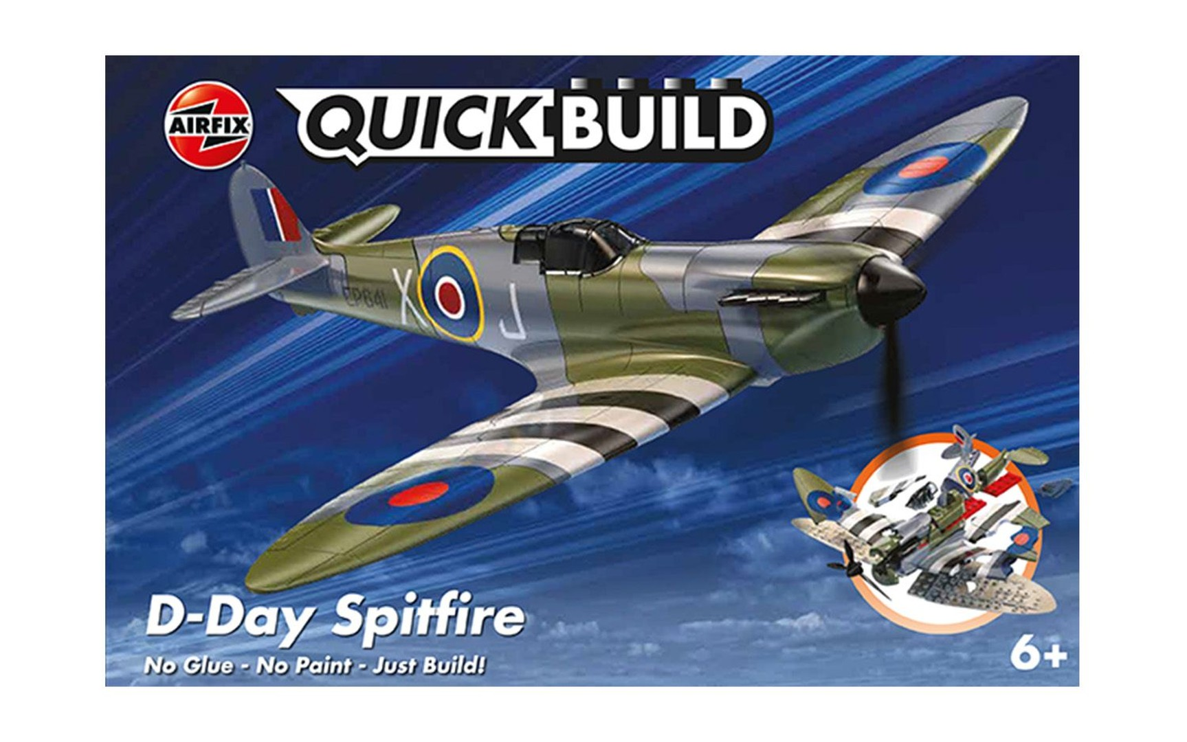 Opakowanie modelu Airfix D-Day Spitfire z samolotem i instrukcją montażu.