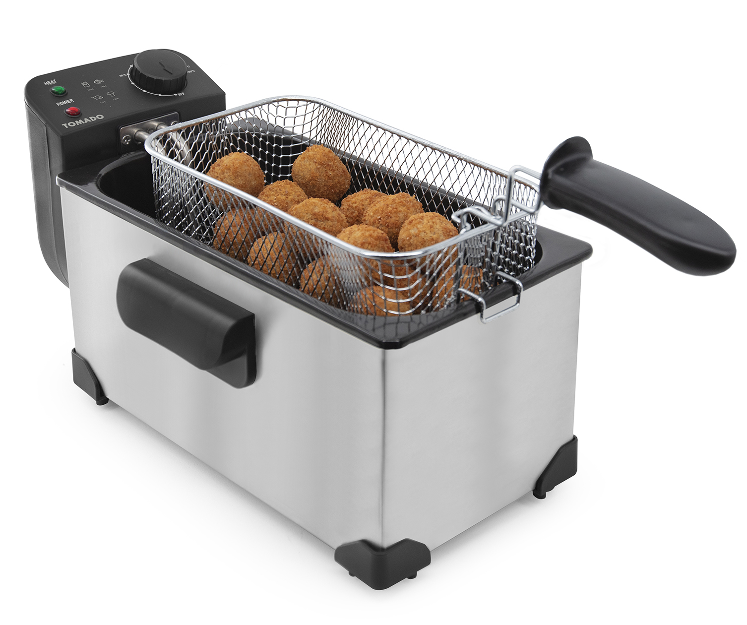 Een roestvrijstalen frituurpan met een mand vol goudbruine gefrituurde kroketten.