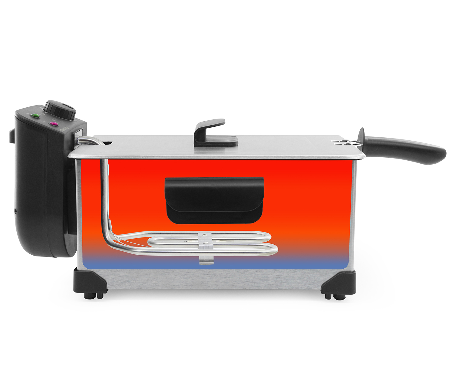 Een elektrische frituurpan met rood-blauwe gradiënt, zwart handvat en bedieningselementen.