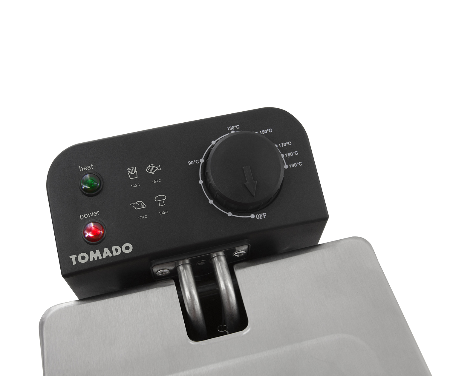 Tomado frituur controlepaneel met groene warmte- en rode stroom-LEDs.