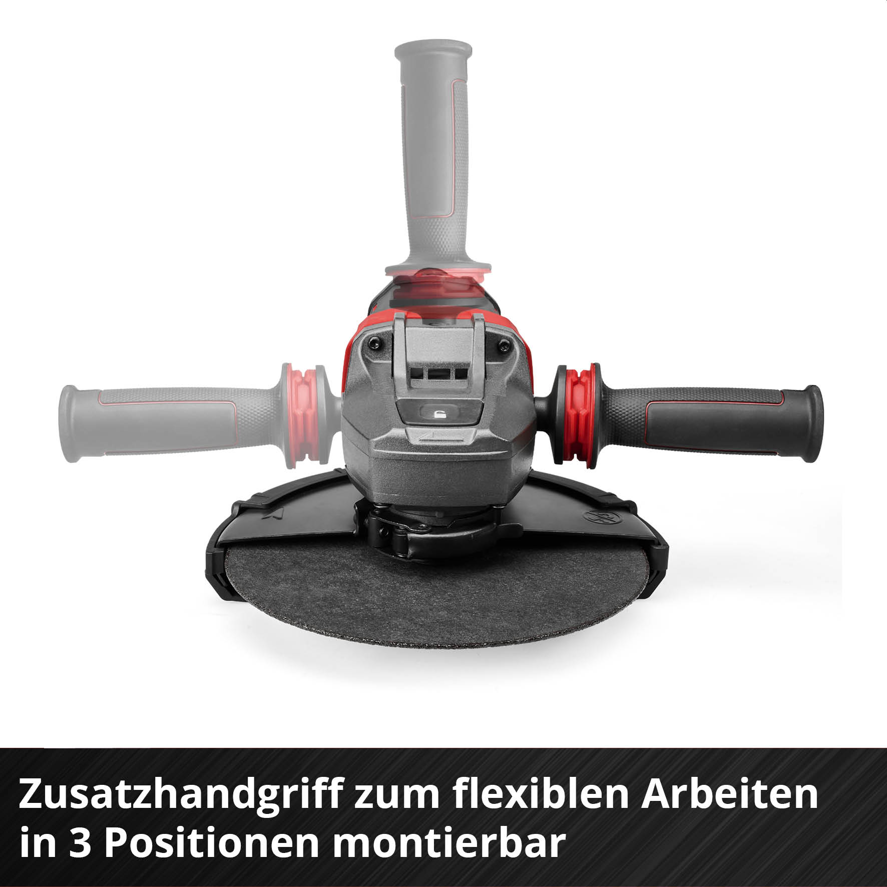 Ein Winkelschleifer mit drei montierbaren Griffpositionen auf weißem Hintergrund.