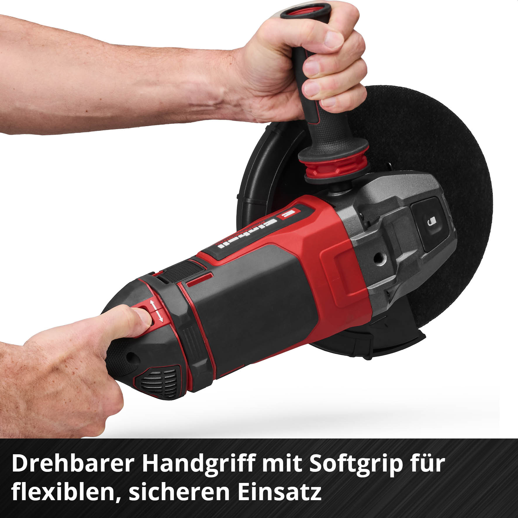 Ein Mann hält einen Winkelschleifer mit rotem Gehäuse und schwarzem Griff.