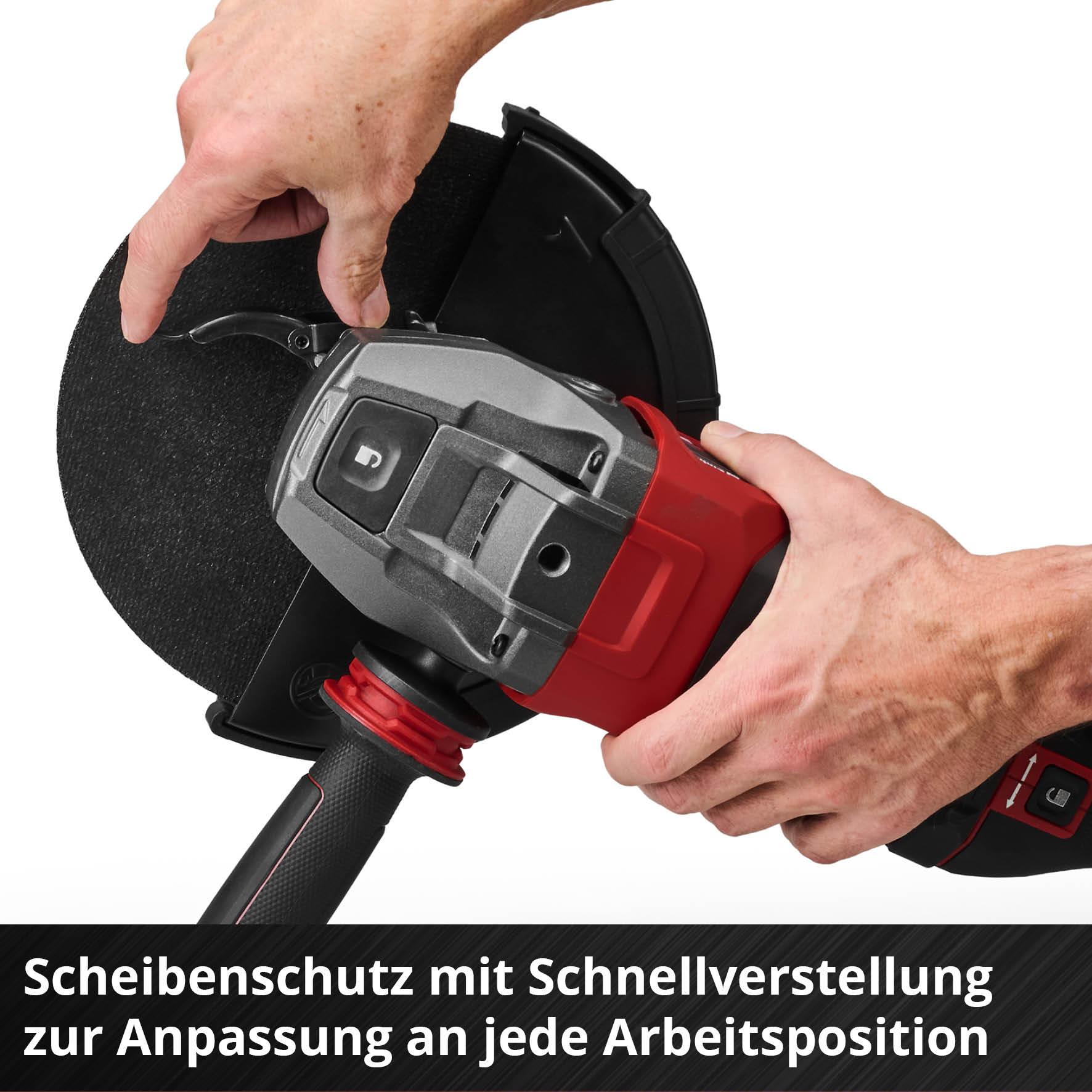 Mann stellt Winkelschleifer-Schutz ein. Nahaufnahme.