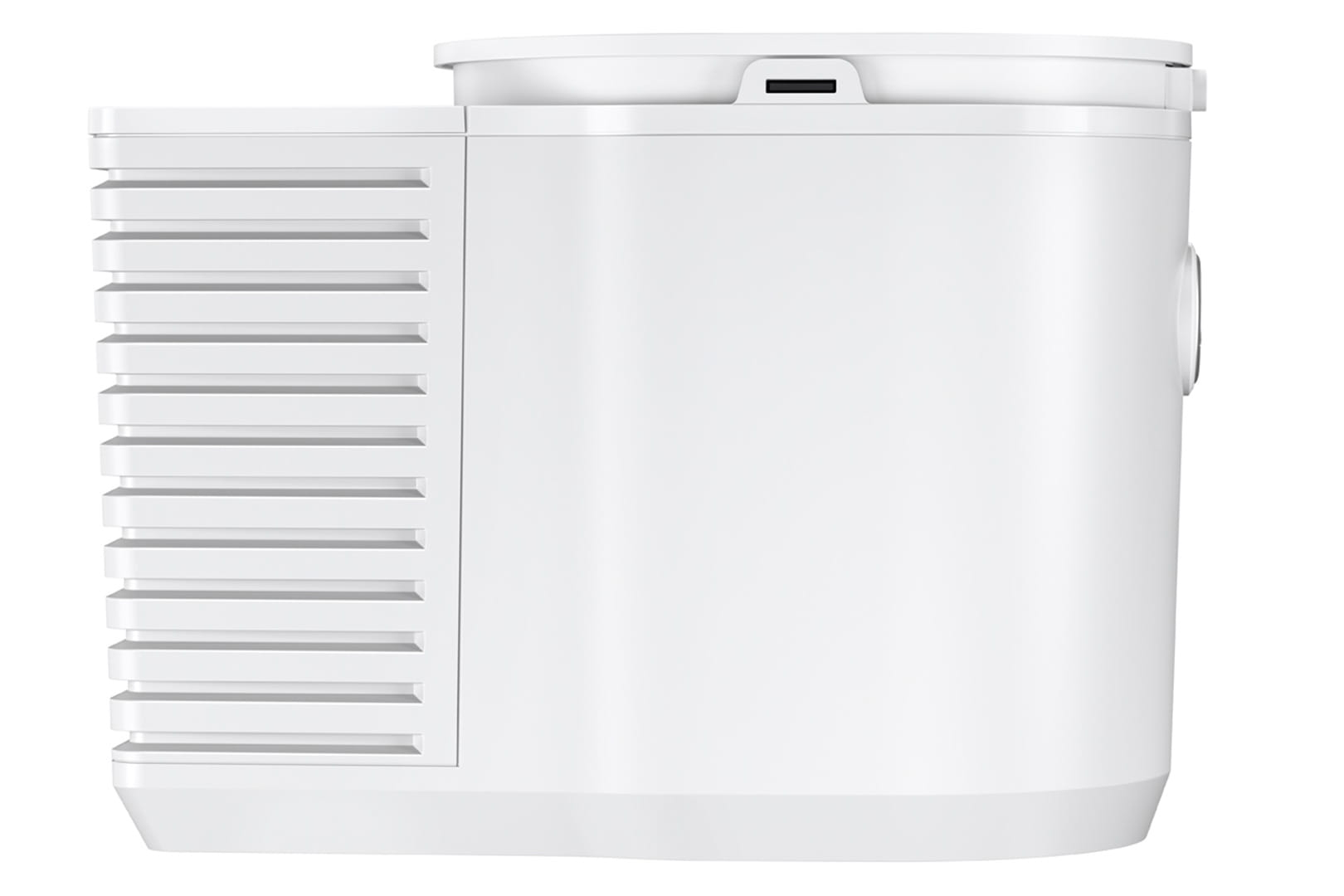 Un dispositivo cilindrico bianco con prese d'aria a sinistra e una porta USB in alto.
