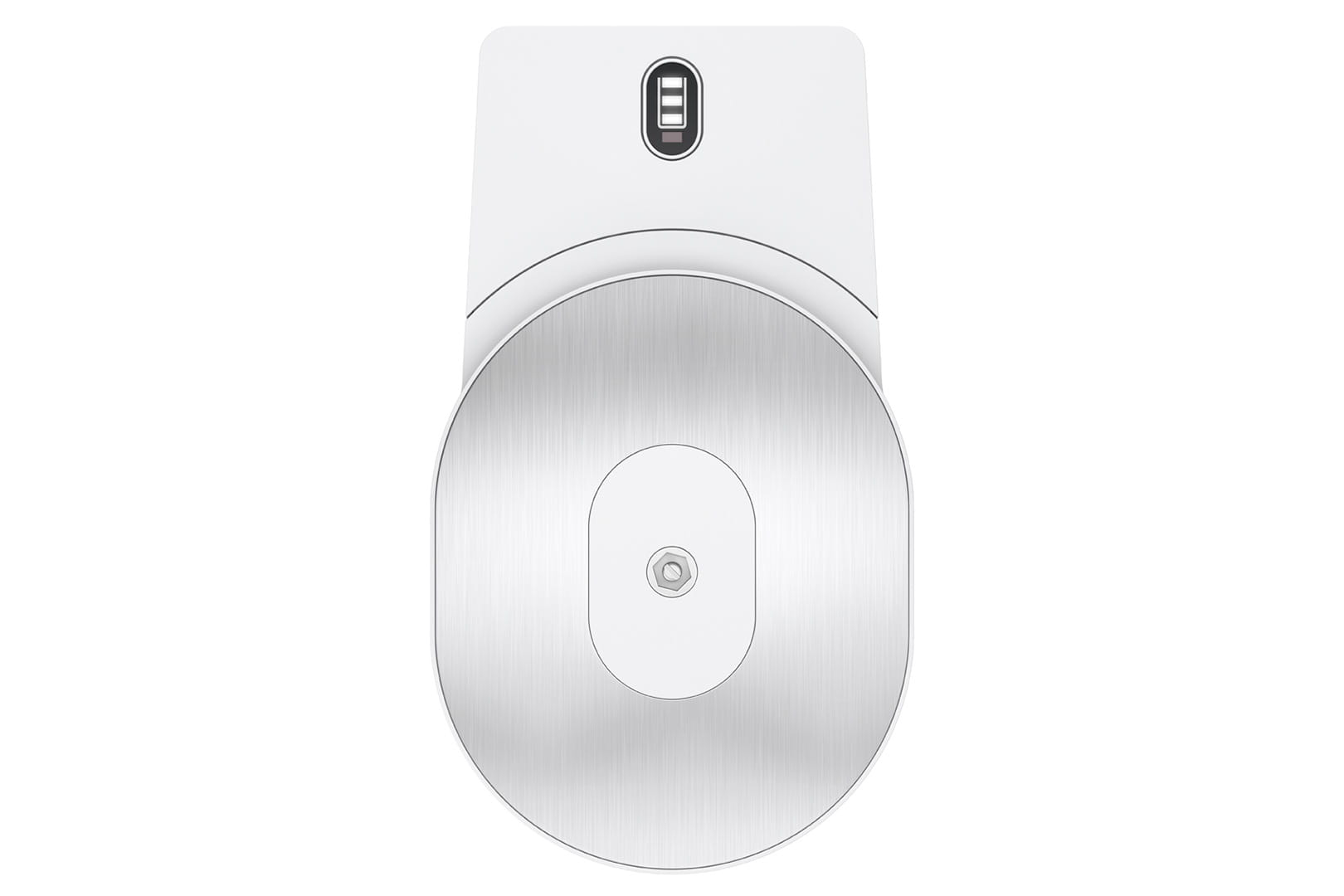 Un robot aspirapolvere bianco con coperchio rotondo metallico e icona indicatore batteria.