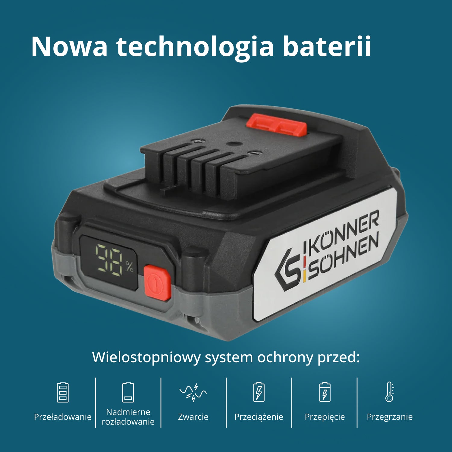 Czarna bateria z czerwonym przyciskiem i wyświetlaczem 99%.