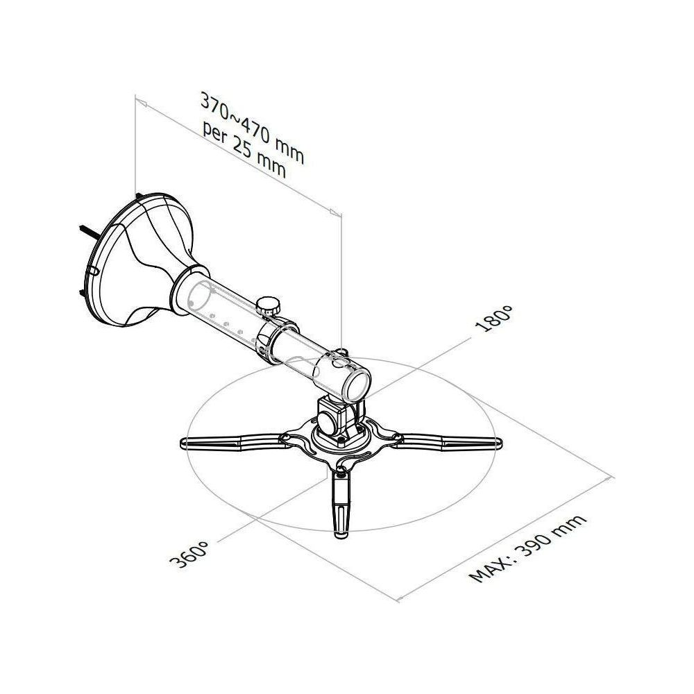Technical drawing of a stand with dimensions: 370-470mm, 25mm, 180°, 360°, max. 390mm.
