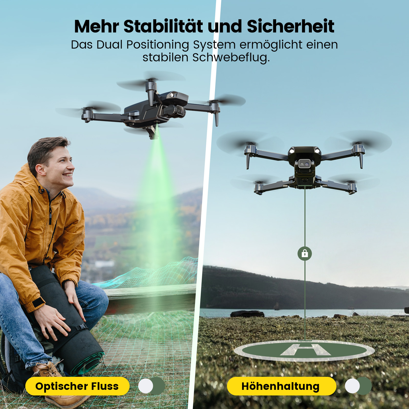 Mann schaut auf Drohne mit grünem Strahl; andere Drohne über Landeplatz.