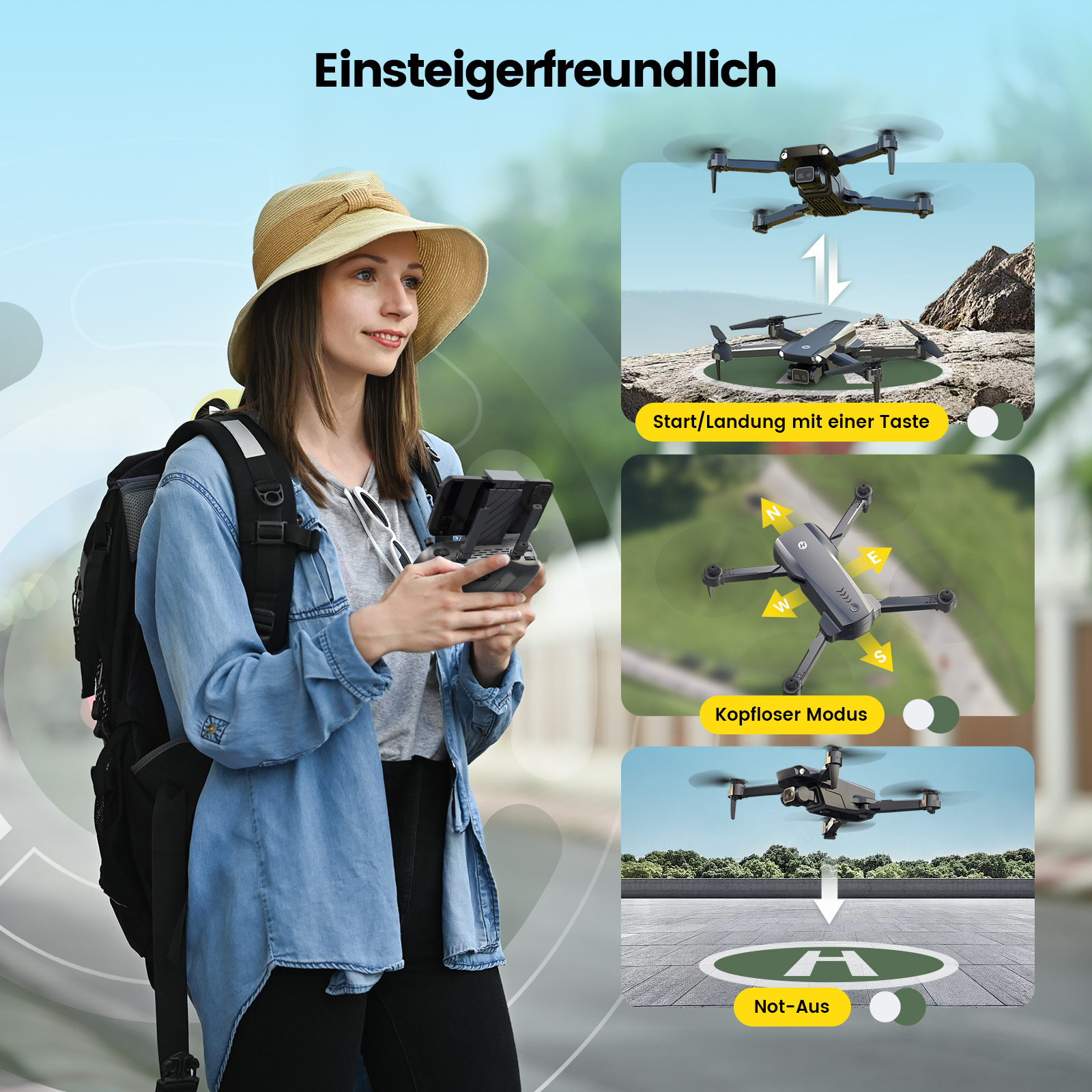 Eine Frau mit Hut hält eine Drohnenfernbedienung. Bilder zeigen Drohnenfunktionen.