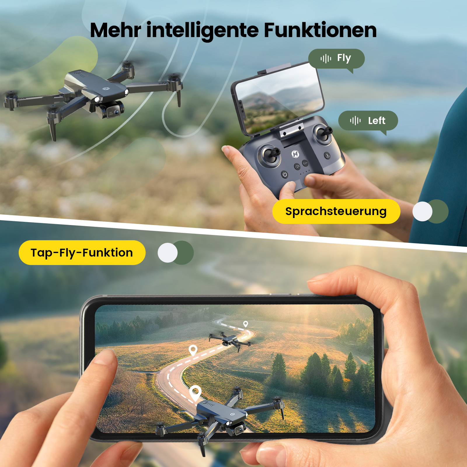 Drohne und Controller mit Sprach- und Tap-Fly-Funktion.