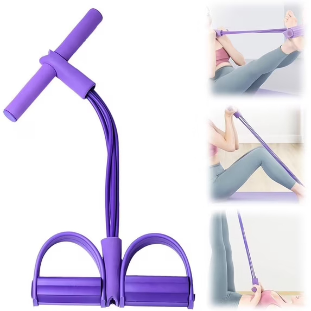 Lila Pedal-Expander mit T-Griff und Fußschlaufen, in Gebrauch.