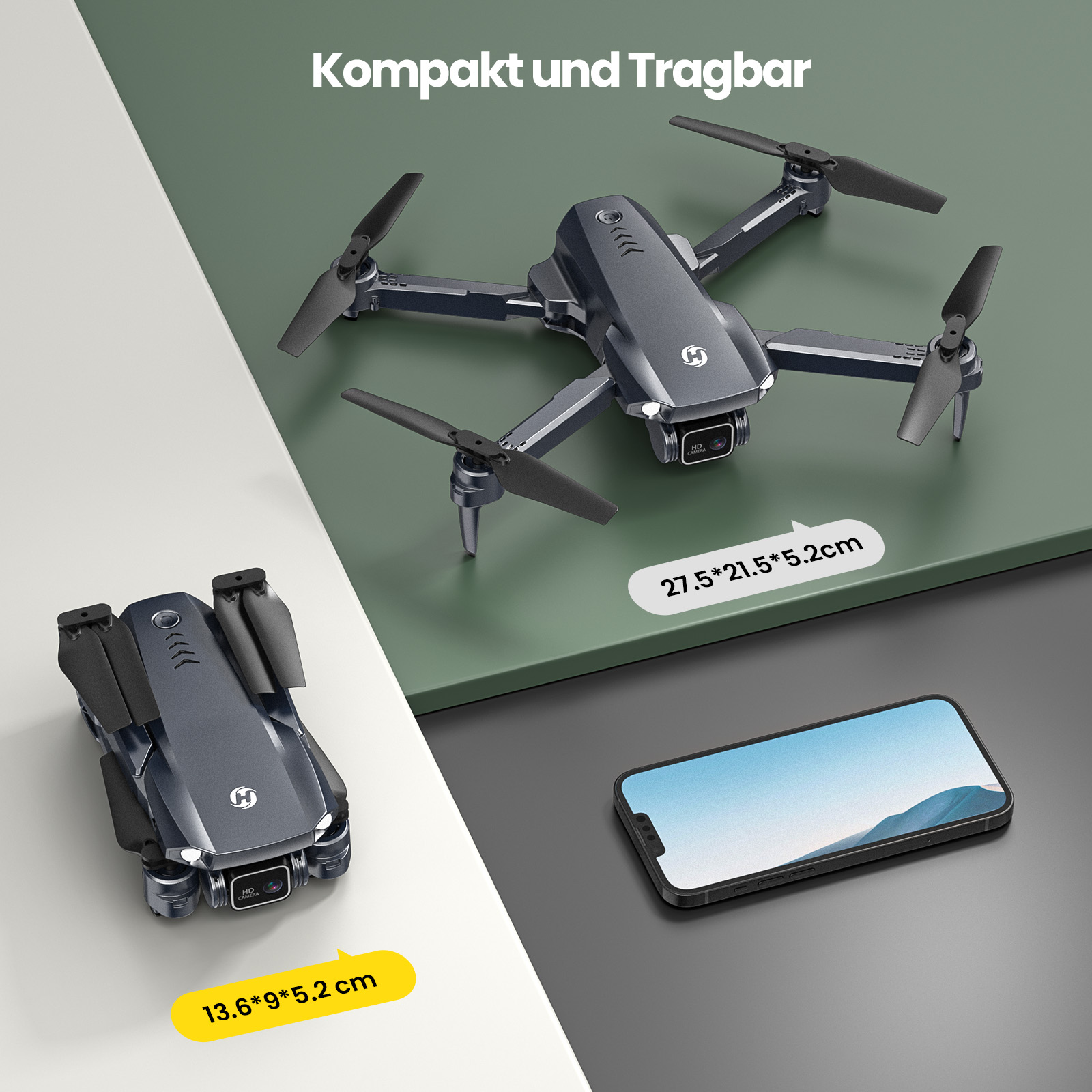 Grauer faltbarer Drohne mit HD-Kamera neben einem Smartphone. Maße angegeben.
