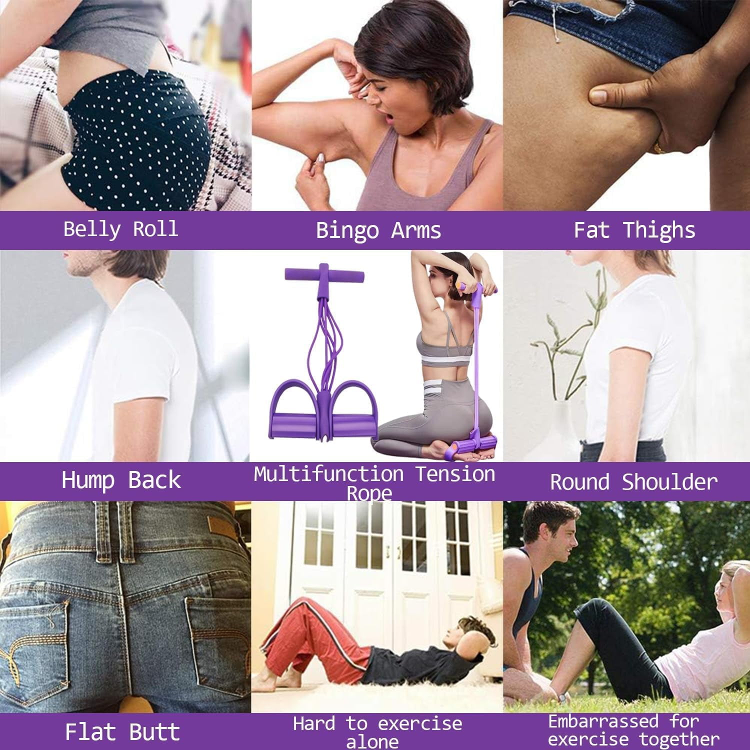 Collage zeigt Fitnessprobleme: Bauchrolle, Bingo-Arme, dicke Oberschenkel, Buckel, runder Schulter, flacher Po.