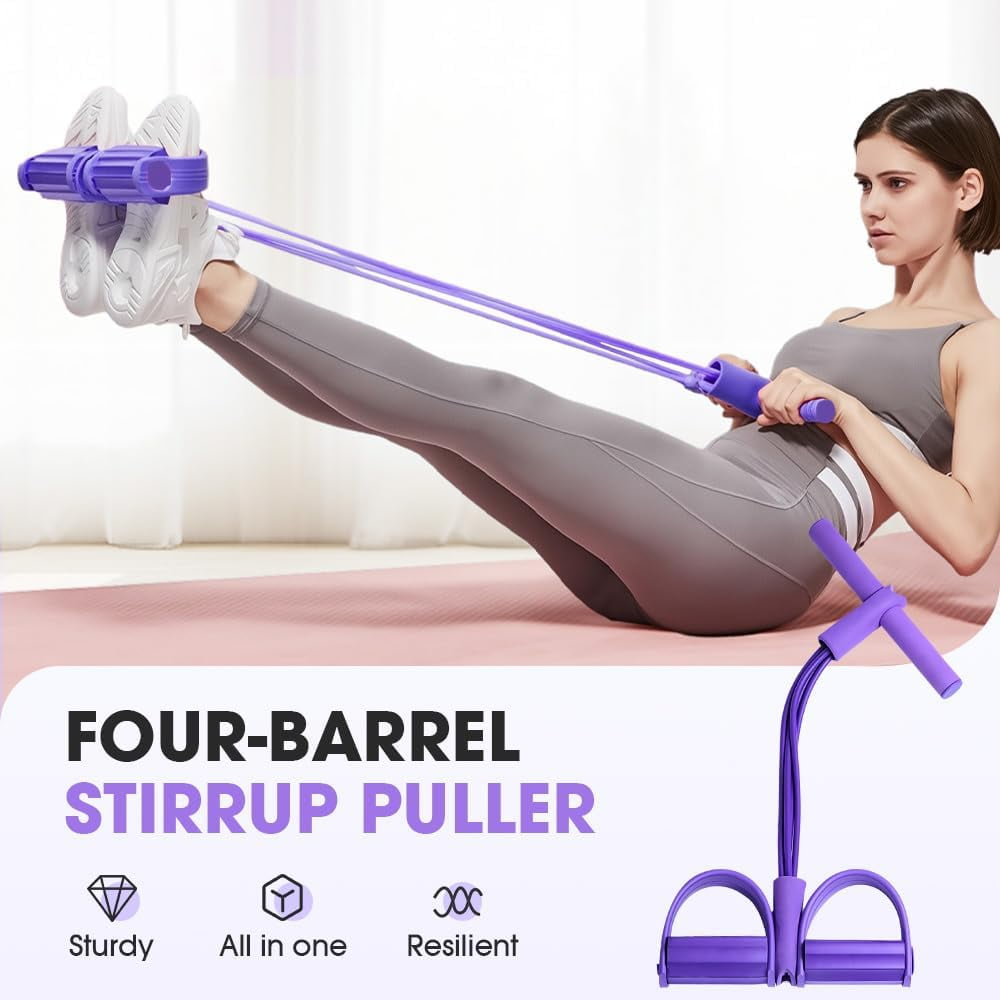 Eine Frau trainiert mit einem violetten Pedaltrainer auf einer rosa Matte.