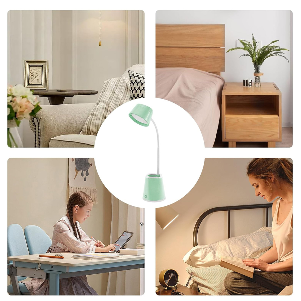 Collage aus vier Szenen: Wohnzimmer, Schlafzimmer, lernendes Mädchen, lesende Frau.