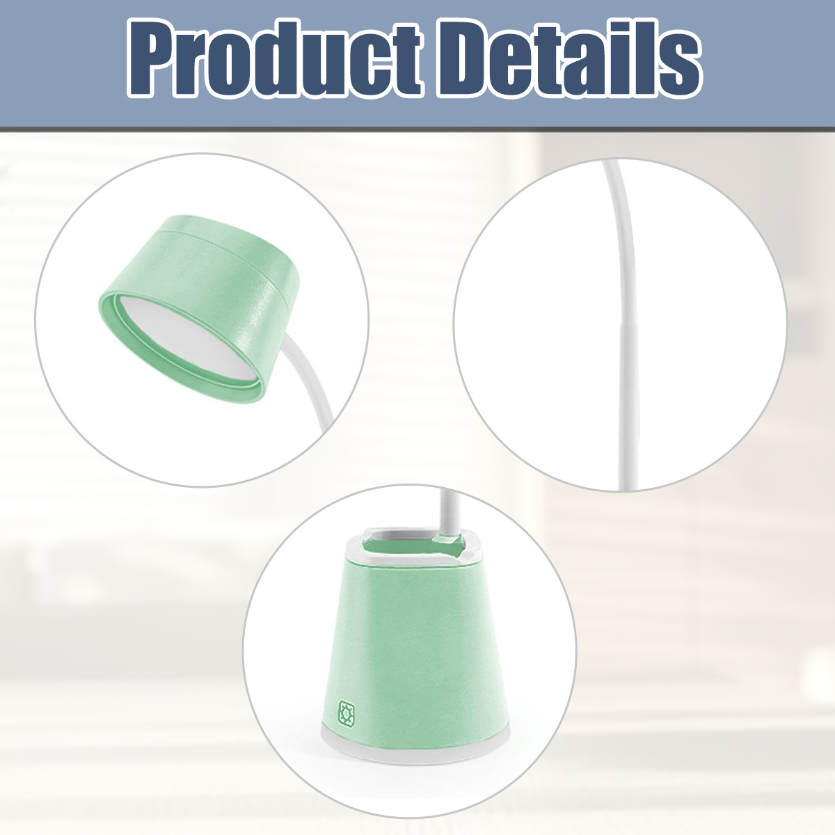 Grüne Lampe mit weißem Ständer und Kabel, Produkt-Details-Aufnahme.