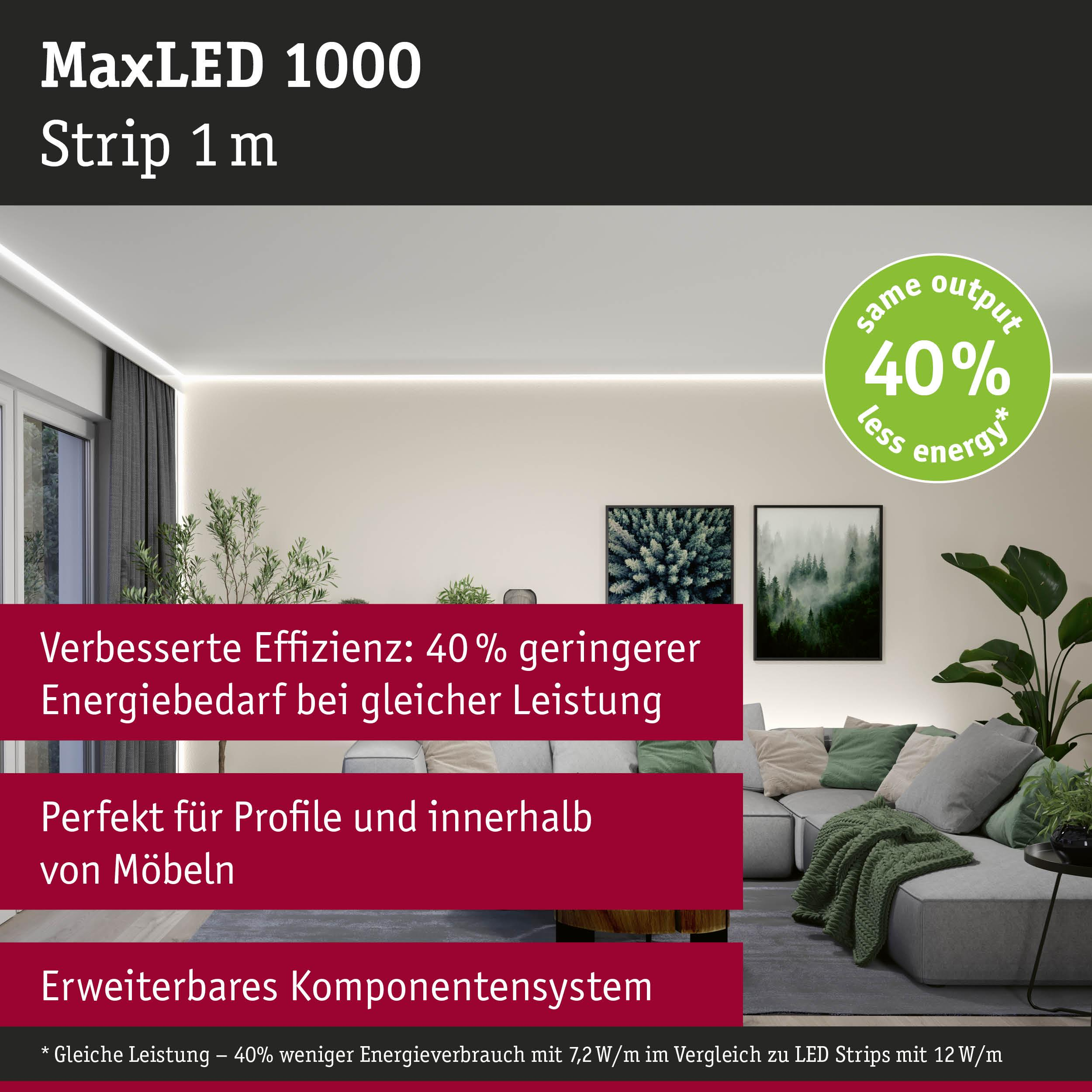 MaxLED 1000 Strip: 40% weniger Energie bei gleicher Leistung. Modernes Wohnzimmer mit LED-Streifen.