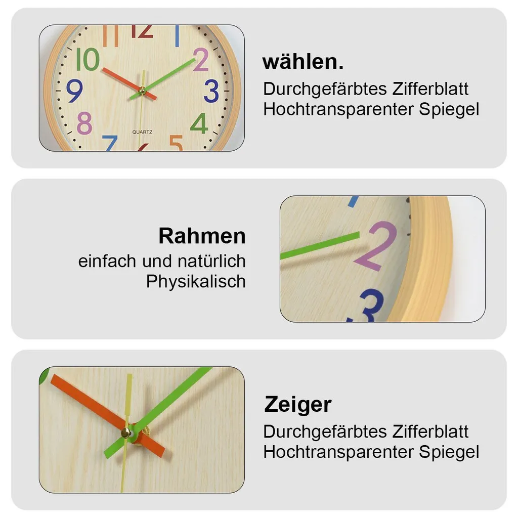 Ein Wanduhr-Layout mit Nahaufnahmen und Text, das die Funktionen hervorhebt.