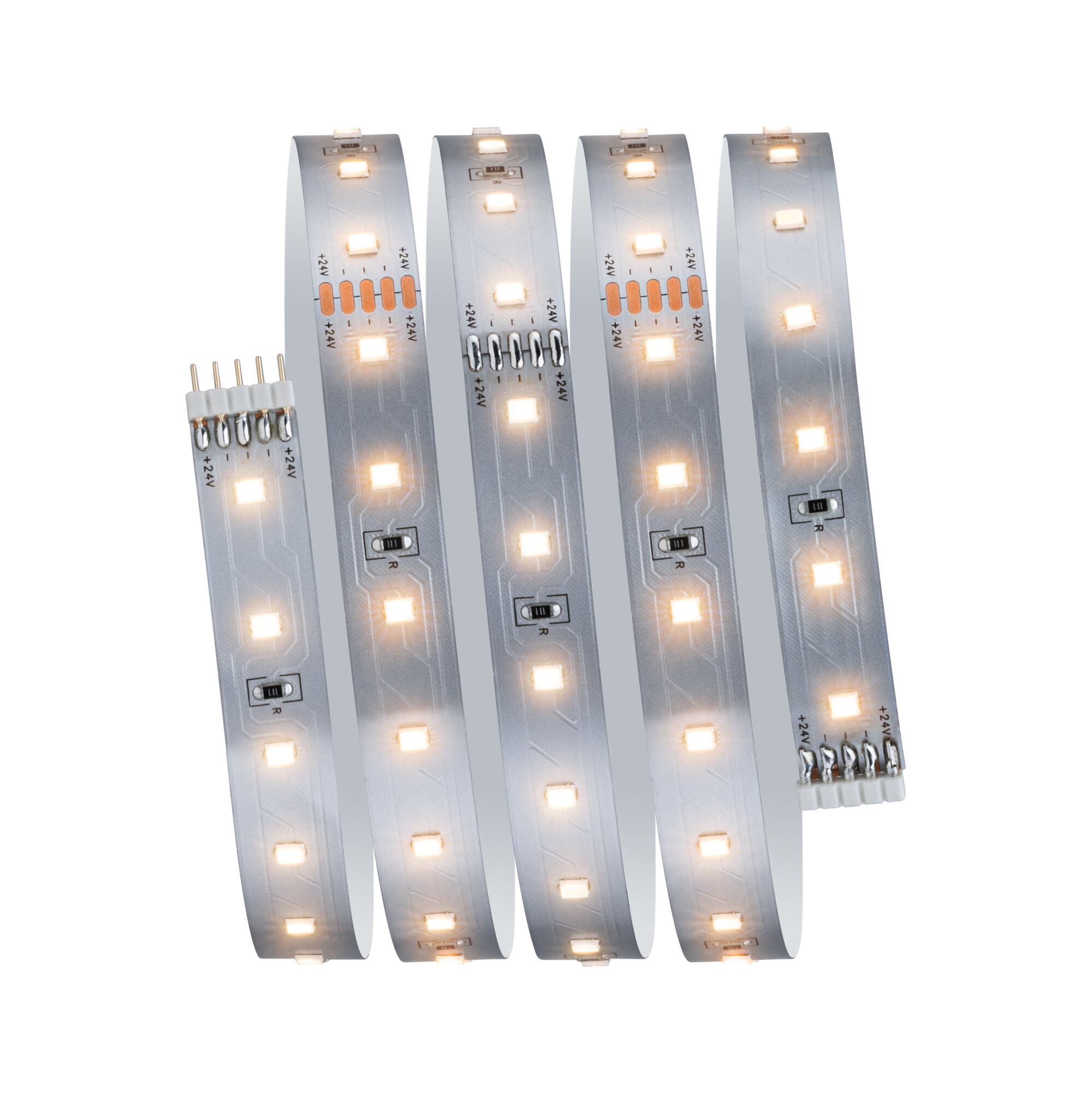 Ein aufgerolltes LED-Band mit fünf Reihen von warmweißen LEDs und sichtbaren Anschlüssen.