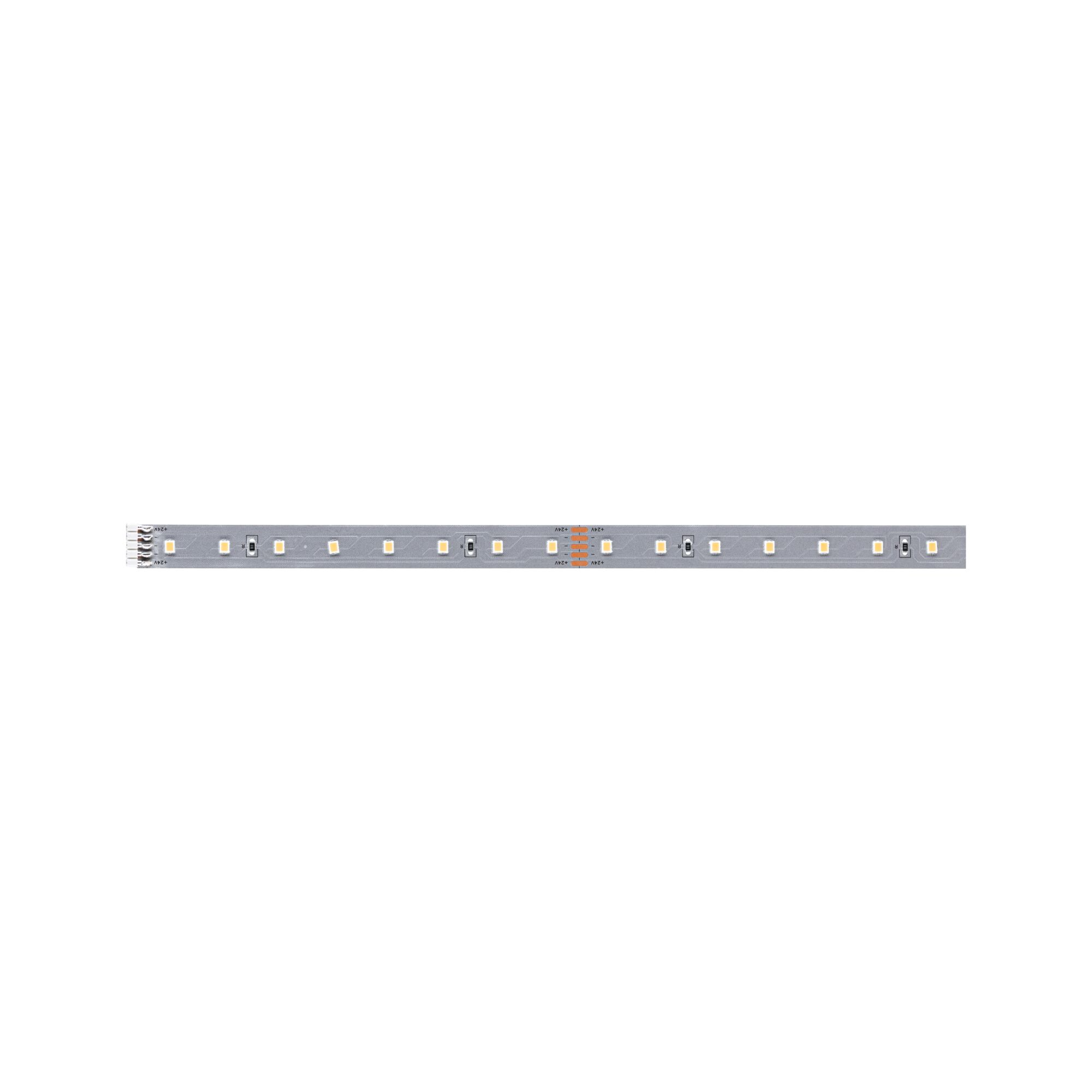 Ein LED-Streifen mit vielen kleinen Lichtern und Beschriftungen wie +24V.