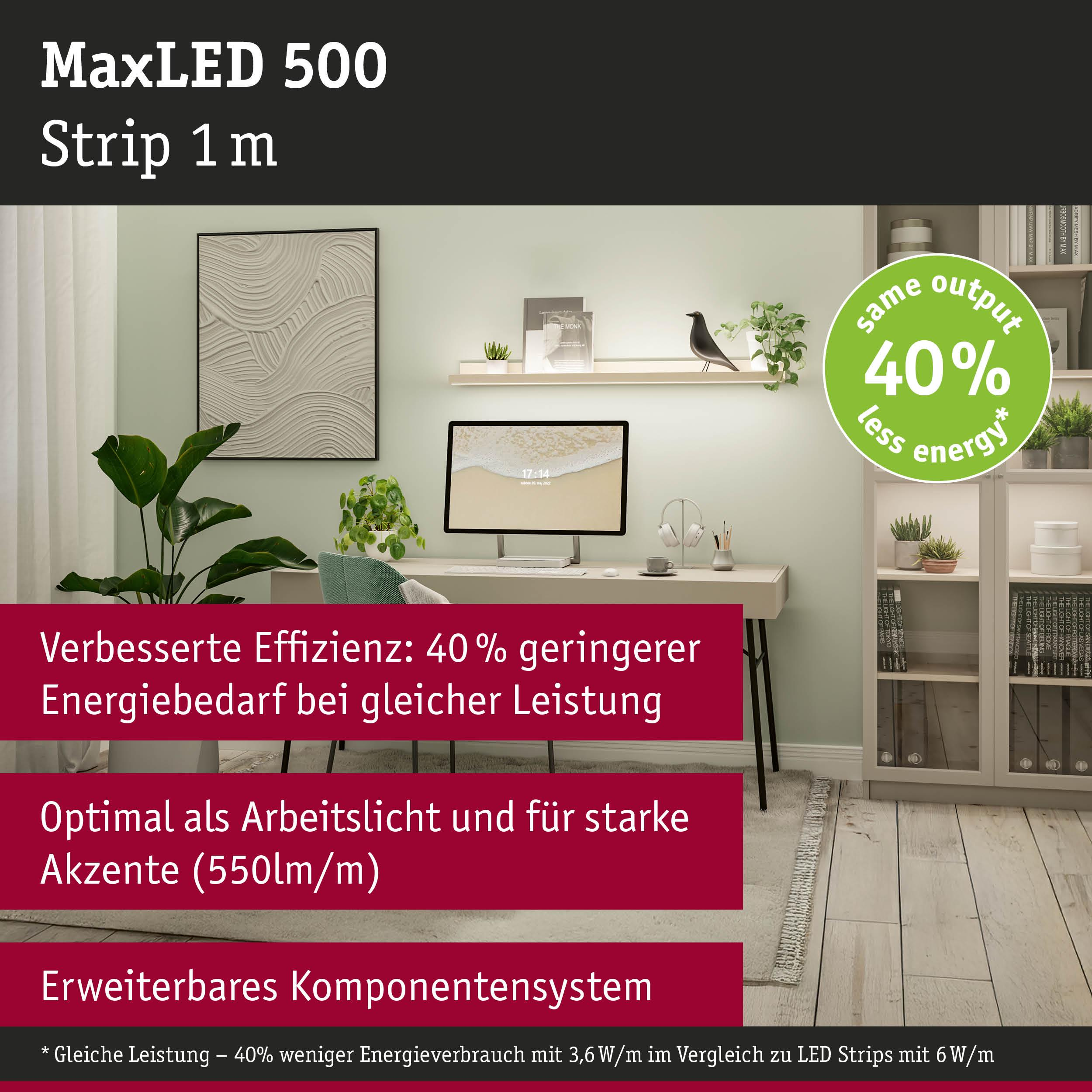 MaxLED 500 Strip 1m: 40% weniger Energie bei gleicher Leistung, erweiterbar.
