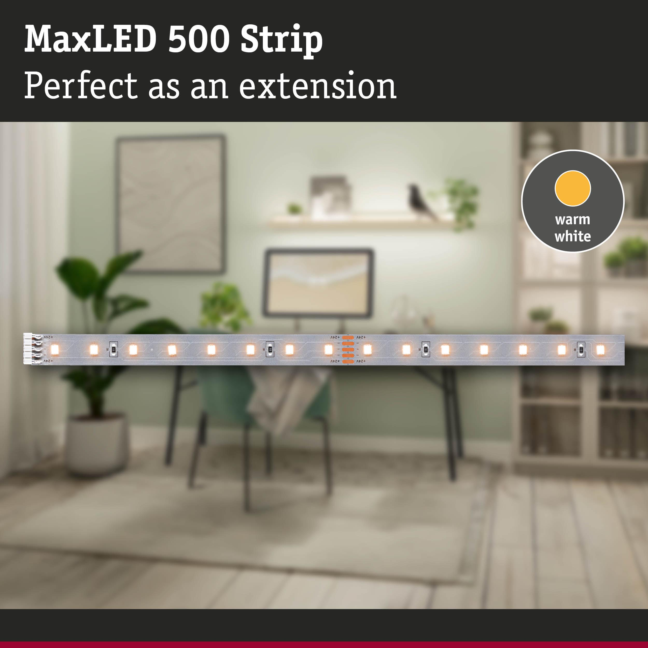 Eine LED-Lichtleiste mit warmweißer Beleuchtung, im Hintergrund ein Raum.