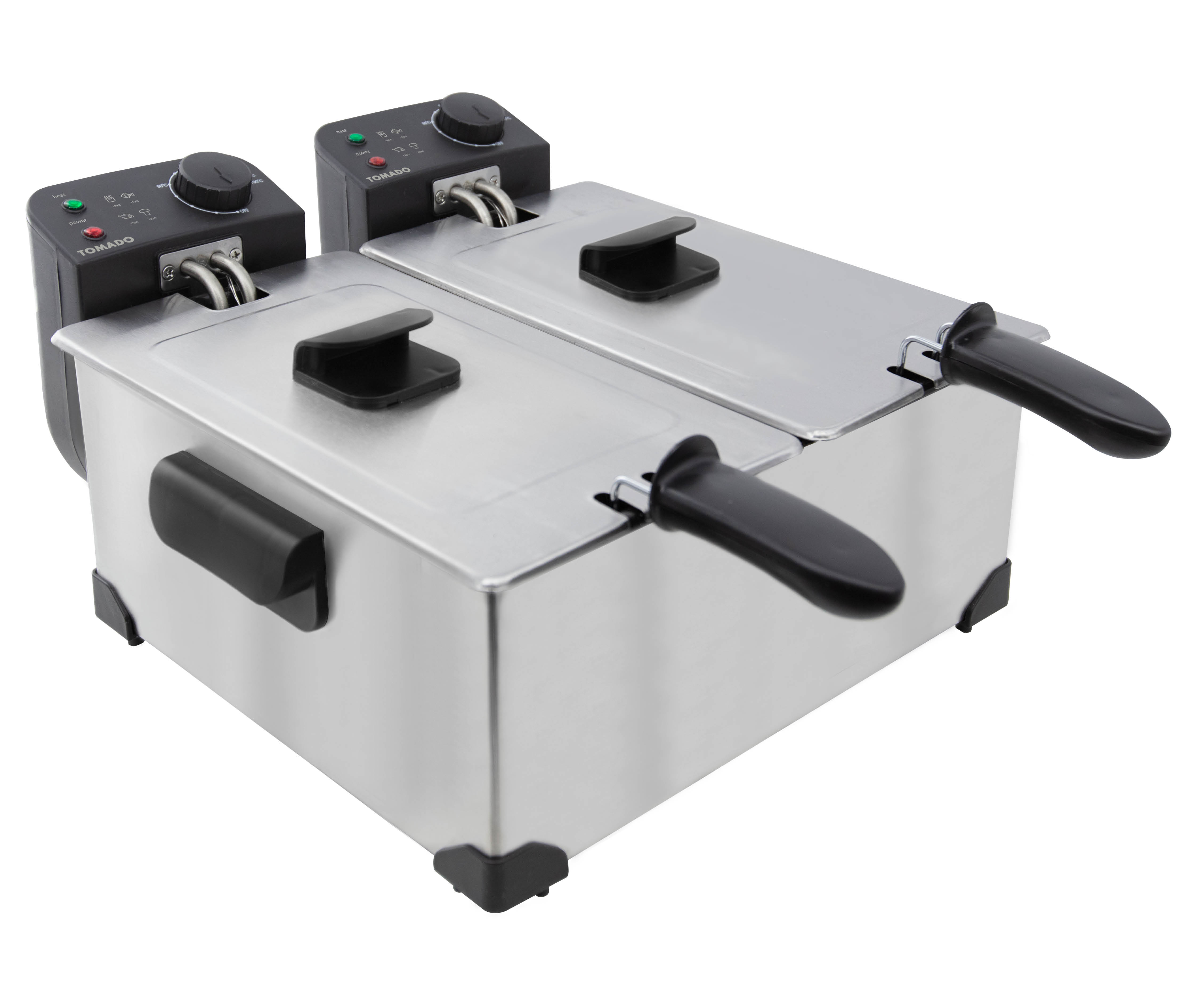 Stainless steel double deep fryer with black handles and control panels.