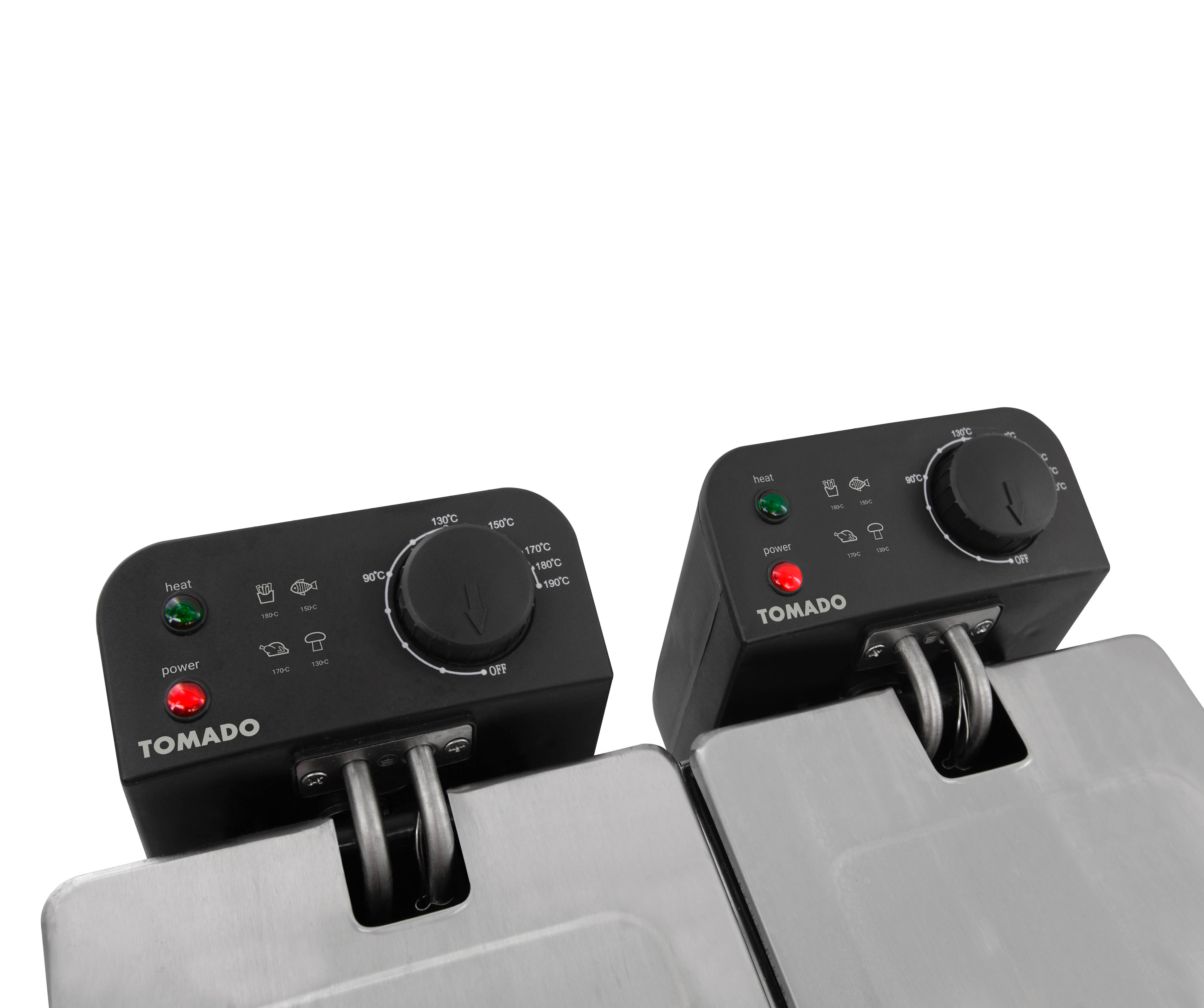 Two black deep fryer control panels with temperature dials and indicators.