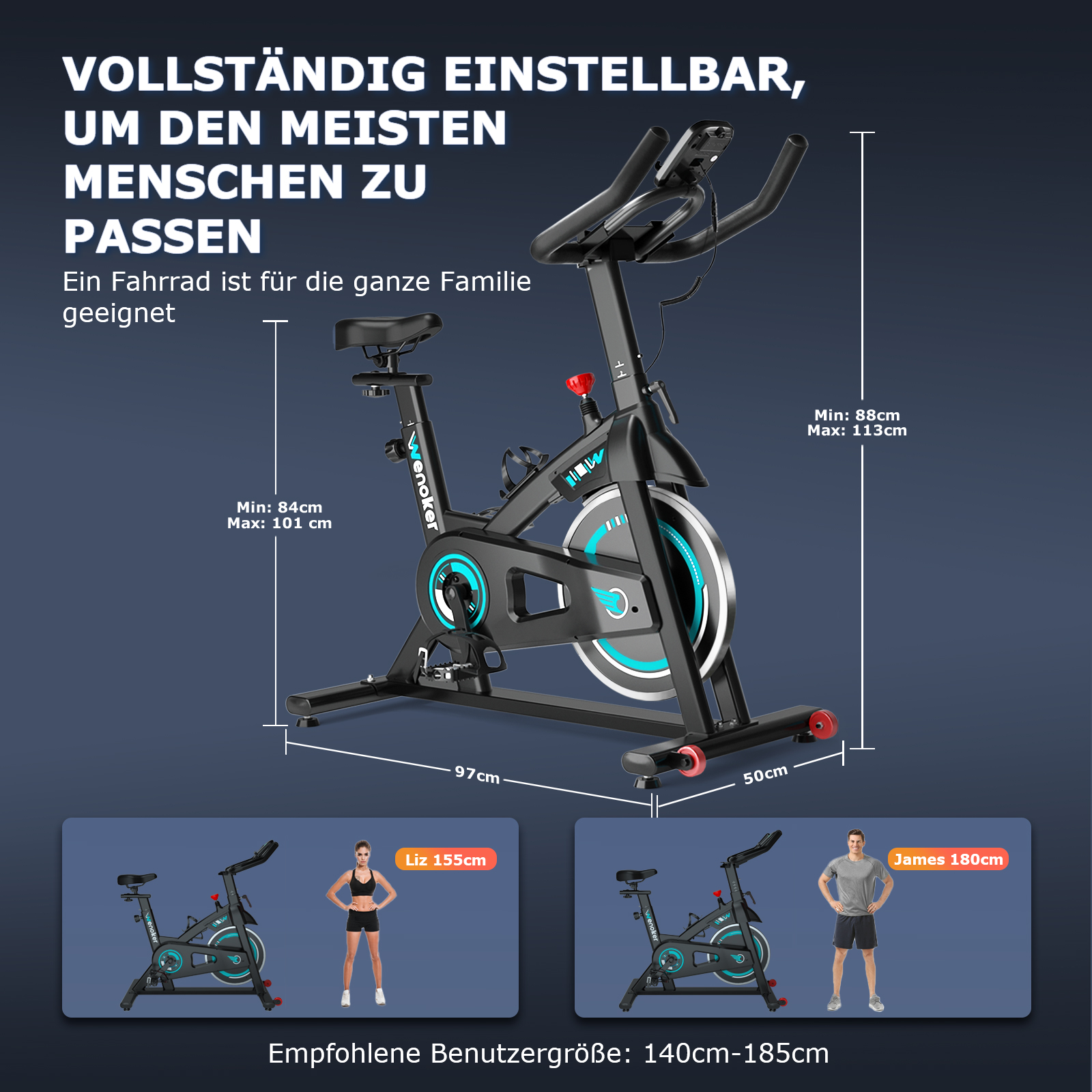 Ein schwarzes Indoor-Fahrrad mit einstellbarer Höhe und Länge.