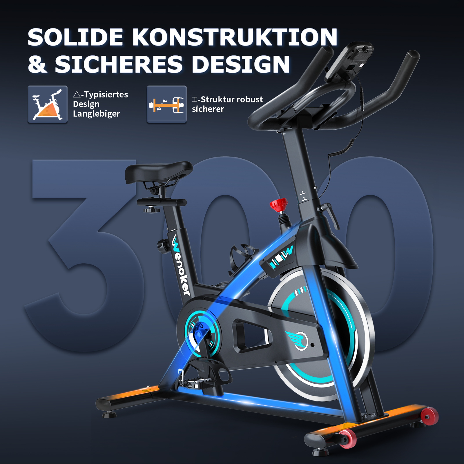 Ein schwarzes und blaues Indoor-Spinning-Fahrrad mit großem Schwungrad und digitaler Anzeige.