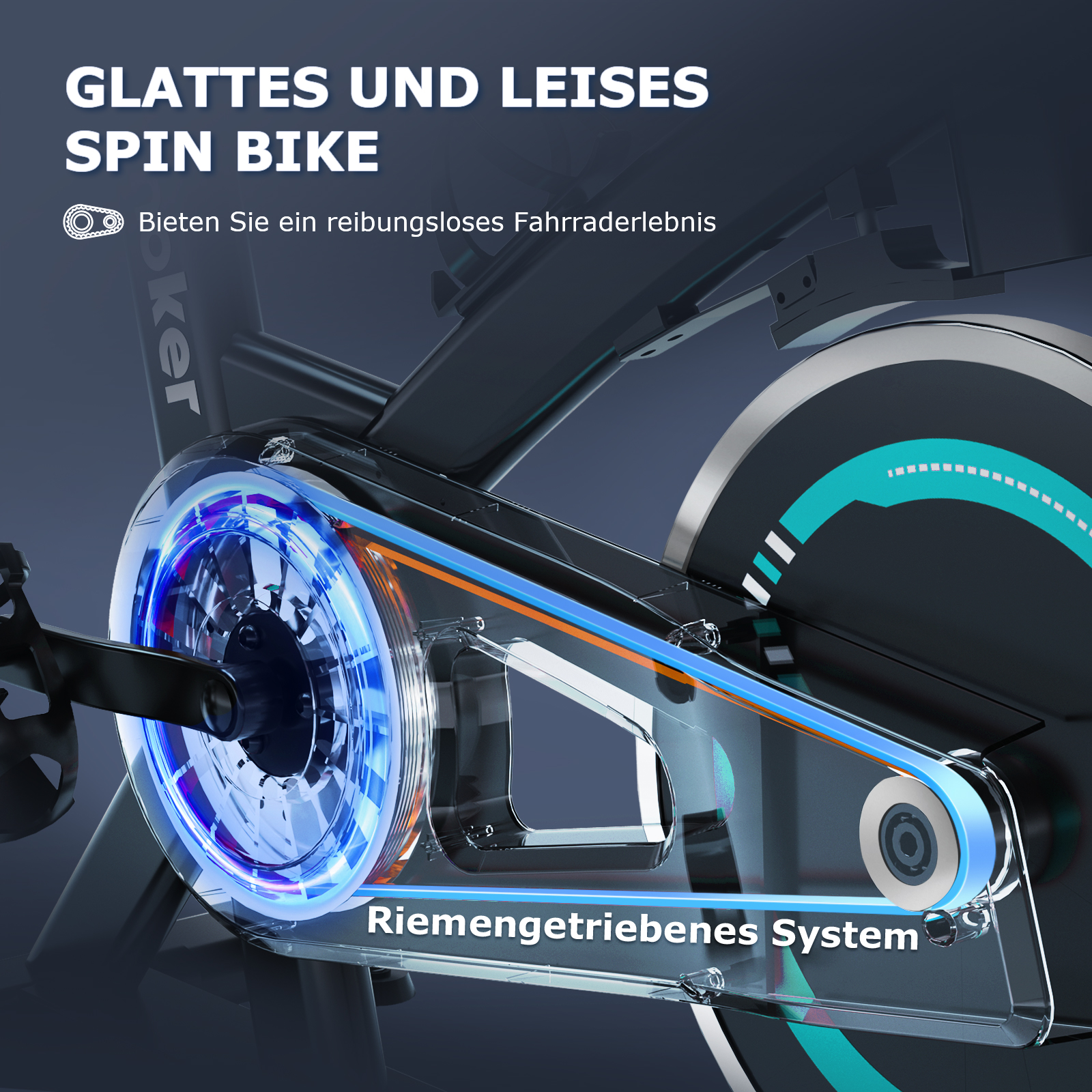 Nahaufnahme des Riemenantriebssystems eines Spinbikes mit blauer Beleuchtung.