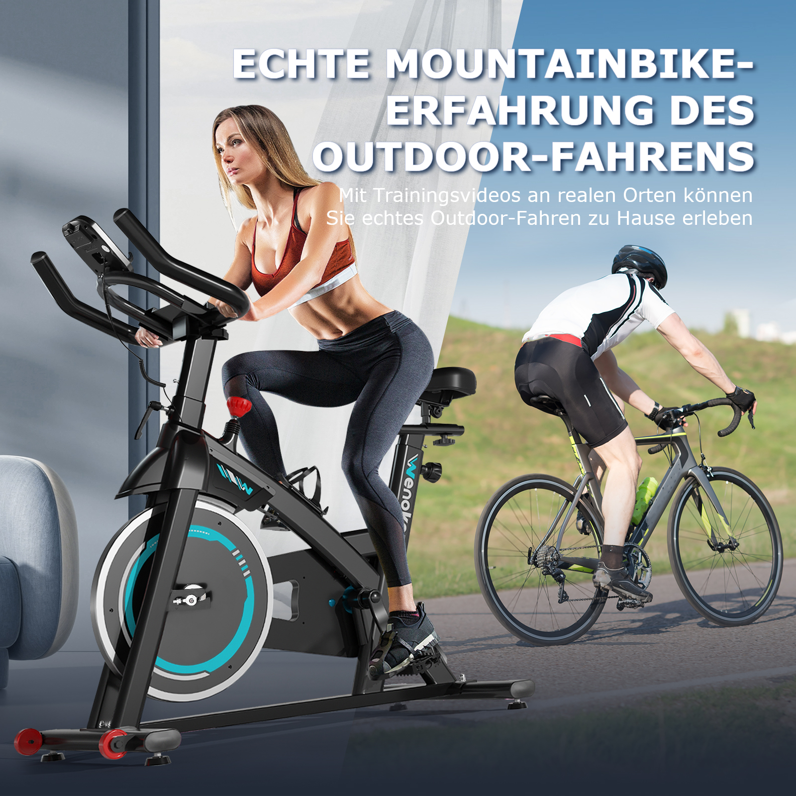 Frau auf Heimtrainer, Mann auf Rennrad draußen. Text: Echtes Mountainbike-Erlebnis.