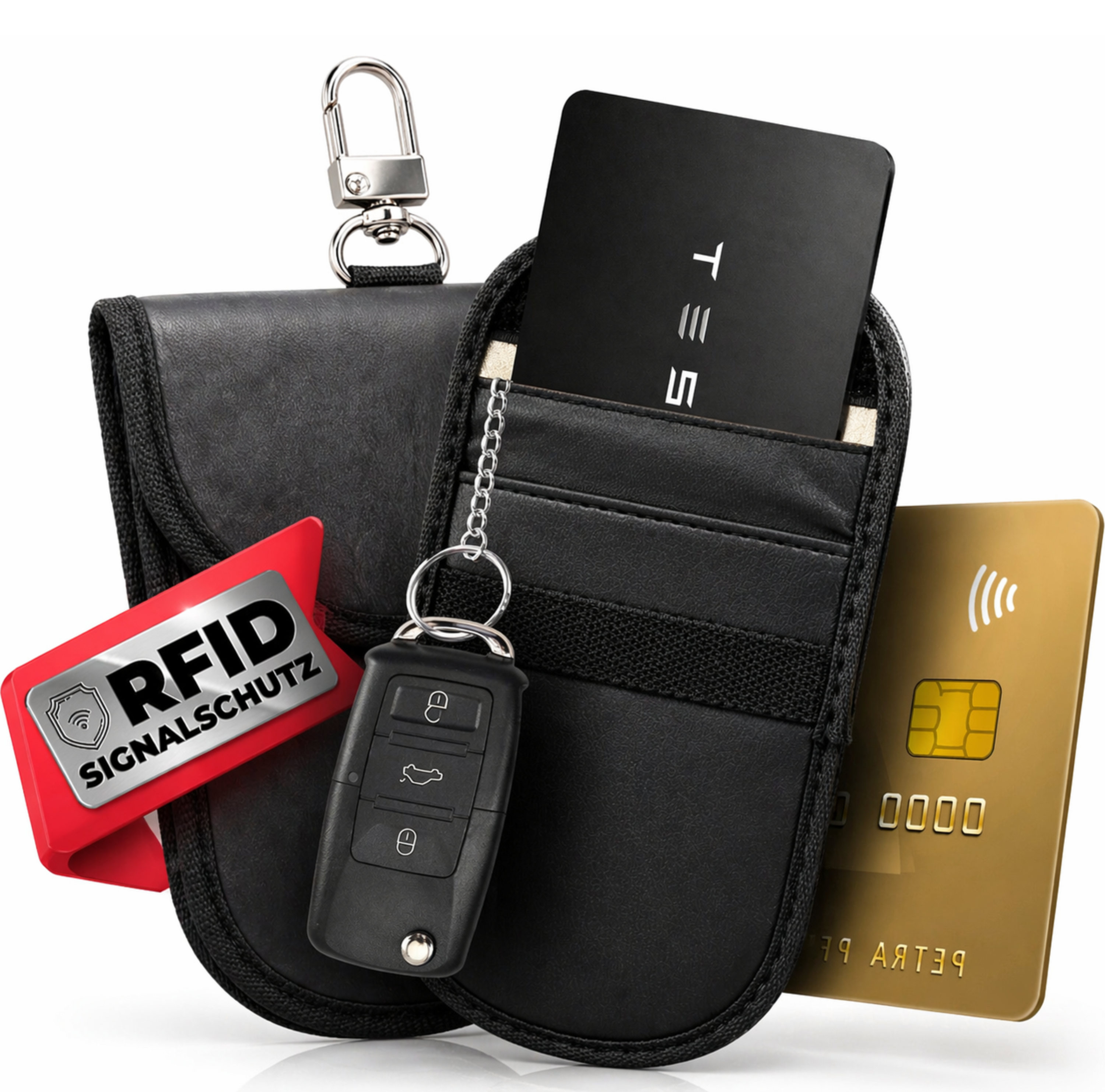 Schwarze RFID-Schutzhülle mit Autoschlüssel, Tesla-Karte und goldener Kreditkarte.