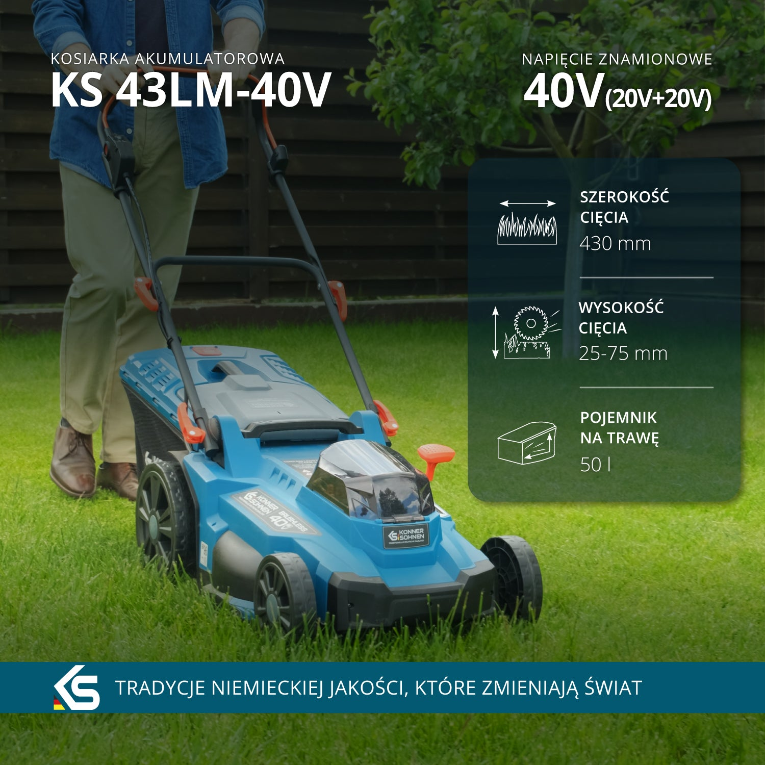 Mężczyzna kosi zielony trawnik niebieską kosiarką akumulatorową. Wymieniono specyfikacje.