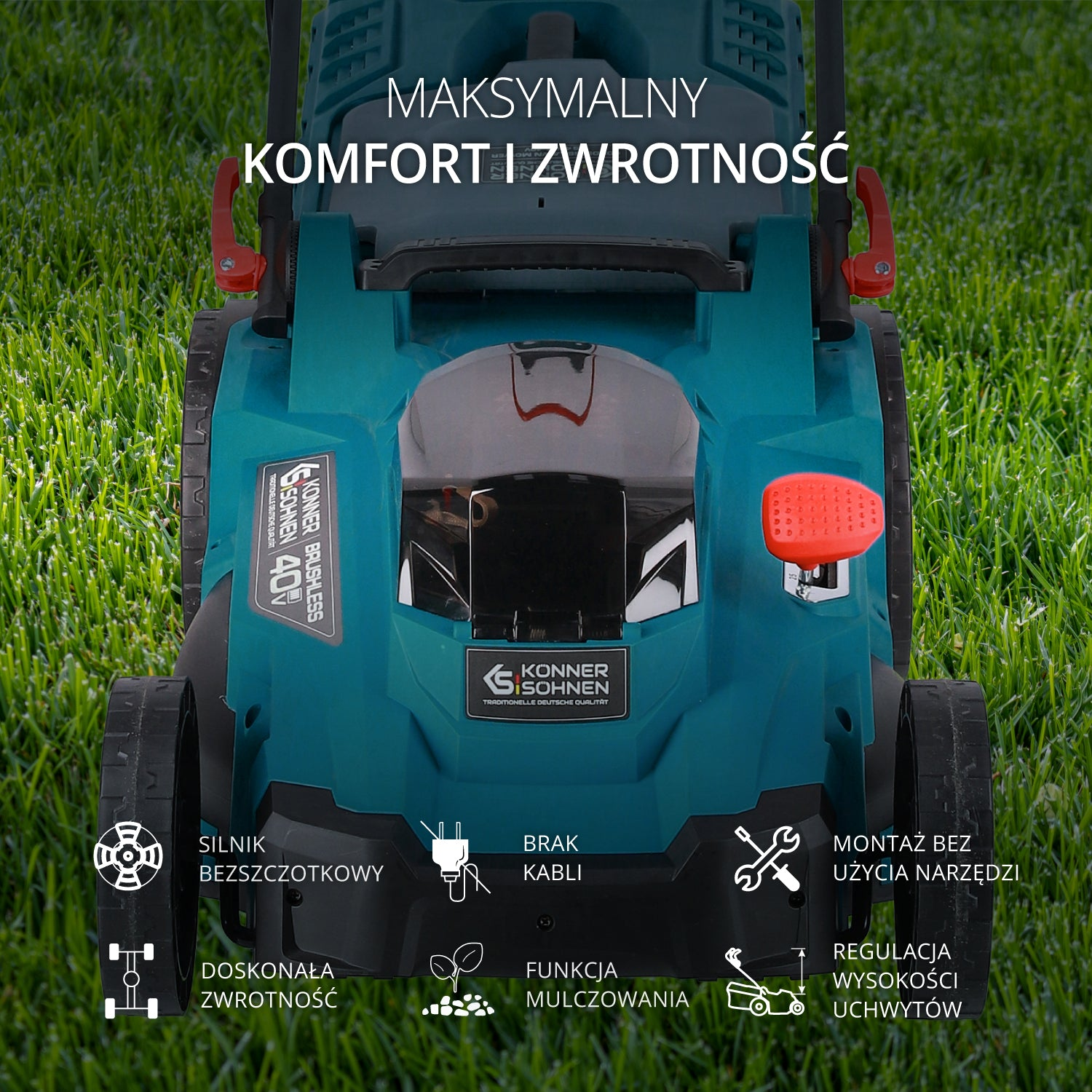 Turkusowa kosiarka z naklejkami stoi na zielonej trawie.