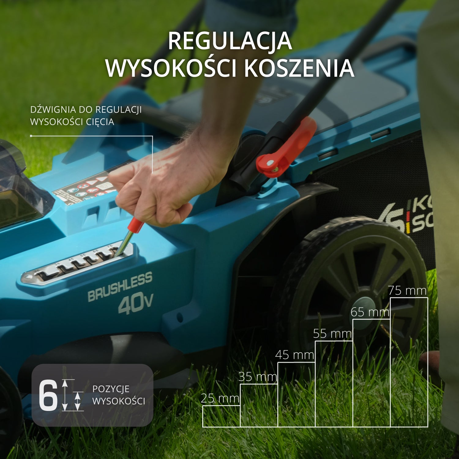 Mężczyzna reguluje wysokość koszenia niebieskiej kosiarki. Jest 6 ustawień.