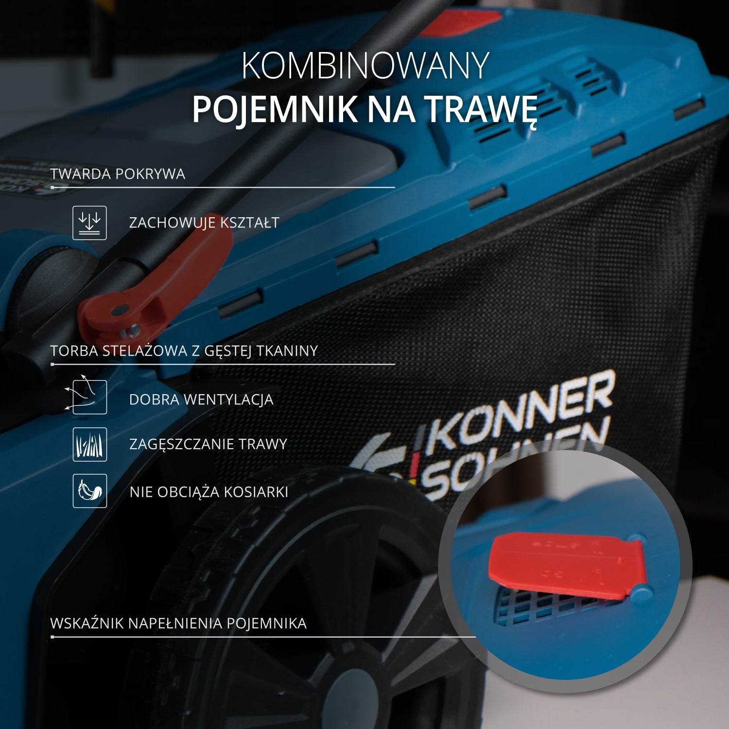 Niebieski pojemnik na trawę z czarną torbą i czerwonym uchwytem. Nakładki tekstowe.